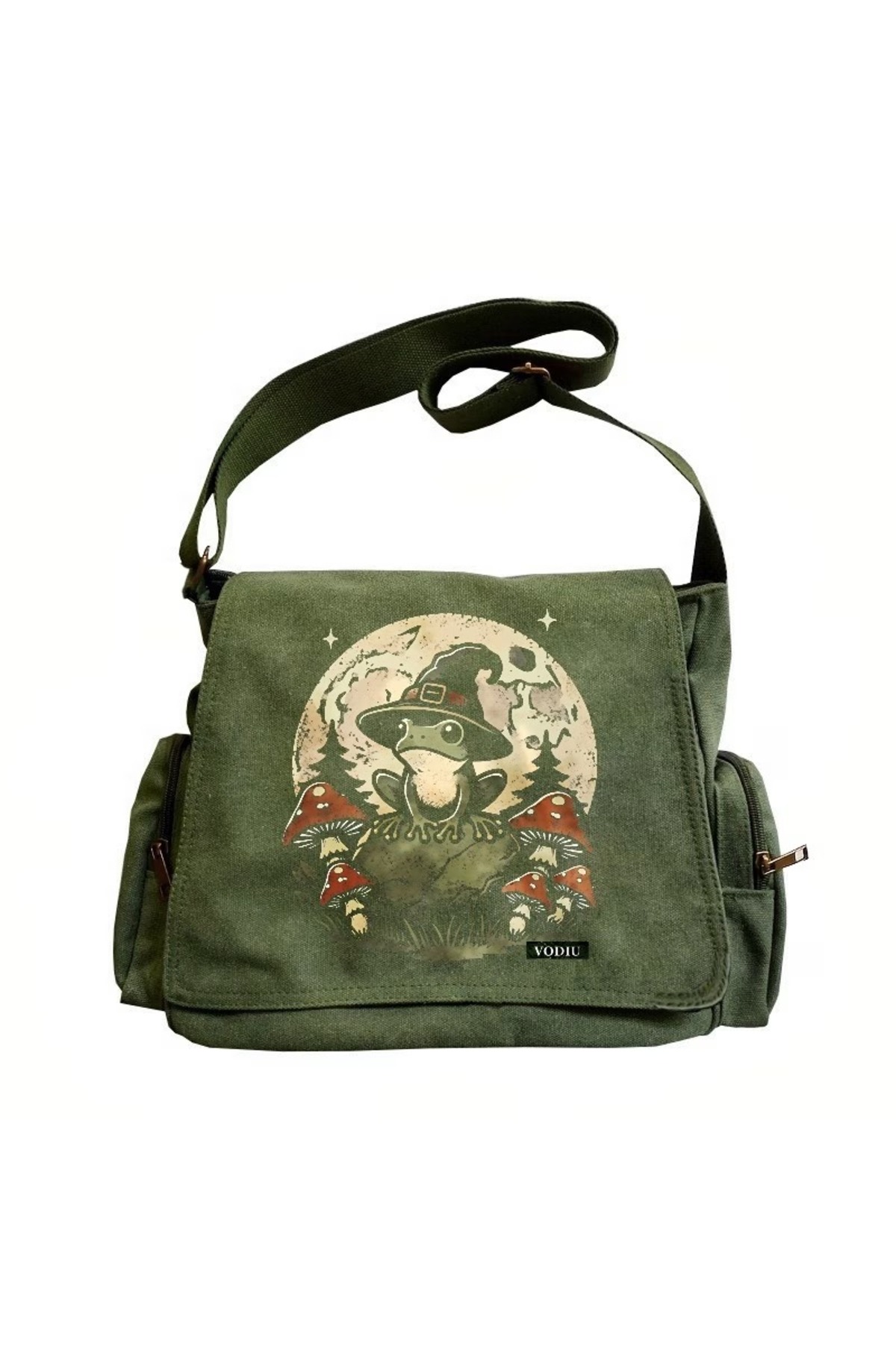 Toum Vintage Animal Botanik Baskılı Unisex Haki Postacı Çantası