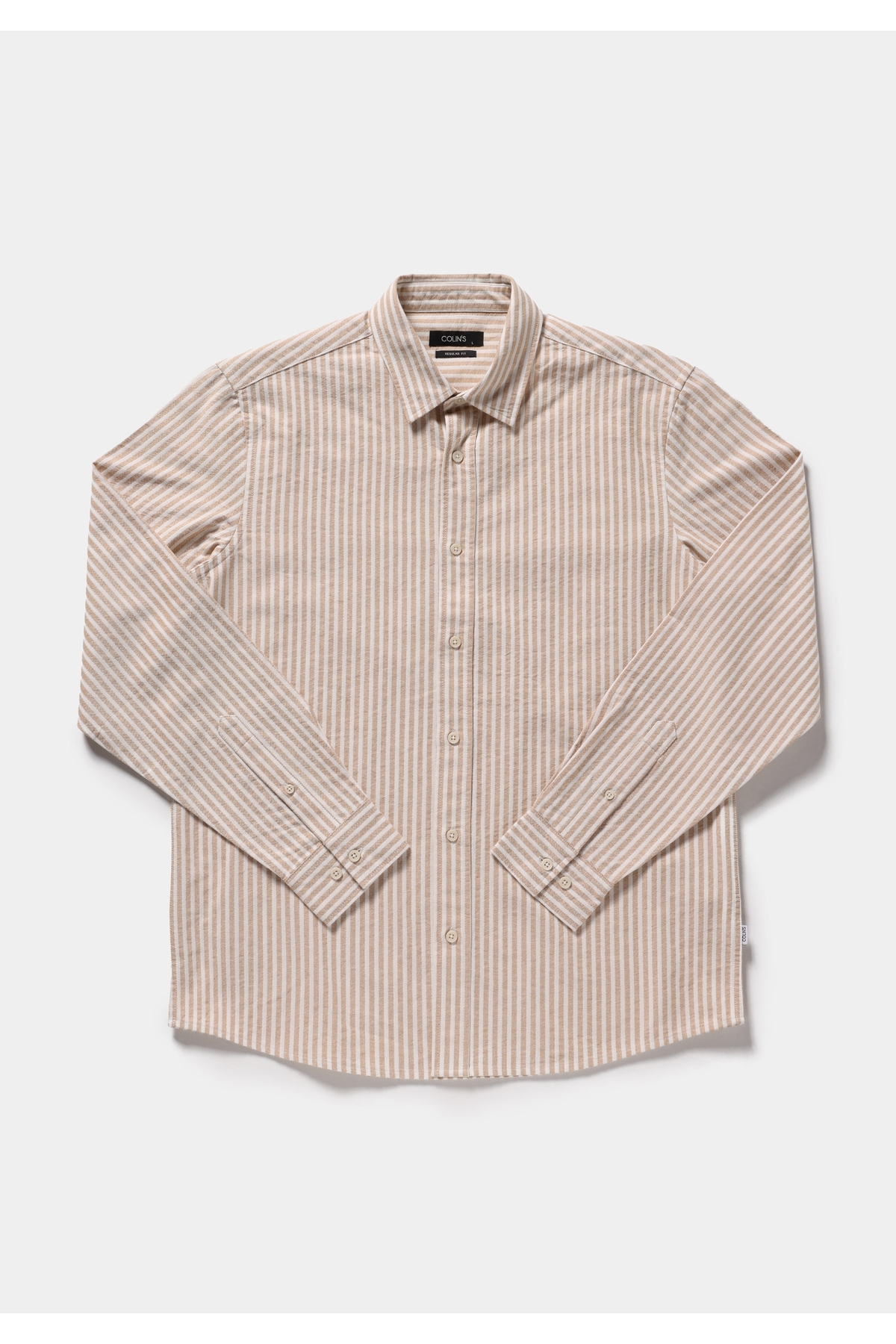 Regular Fit Shirt Neck Çizgili Erkek Bej Uzun Kol Gömlek