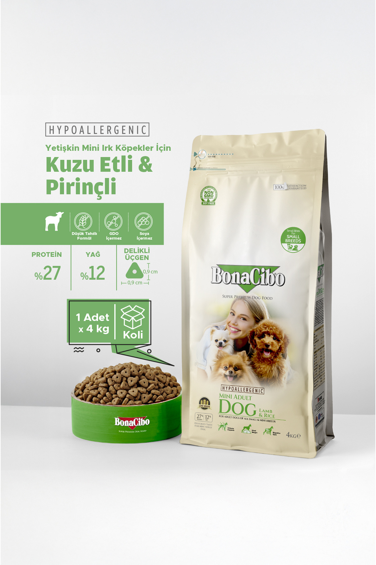 BonaCibo Mini Irk Yetişkin Kuzu Etli ve Pirinçli Köpek Kuru Maması 4 Kg