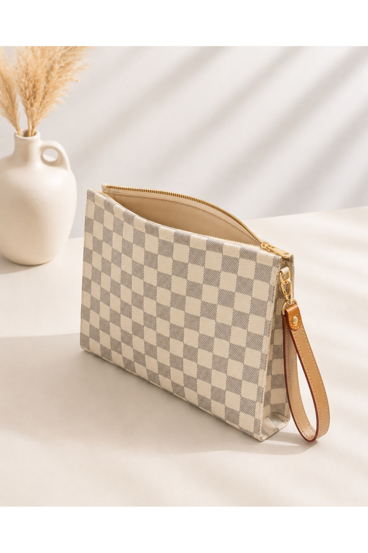 DİAMOND OUTLET Erkek Kare Desenli El Portföy Çantası Fermuarlı Büyük Boy Evrak Tablet Organizer Clutch Çanta görsel 2