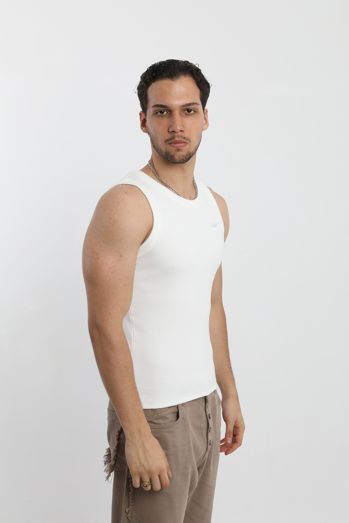OİR Erkek Fitilli Ekru Renk Tank Top No.1 Likralı Pamuk Kaşkorse Atlet görsel 4