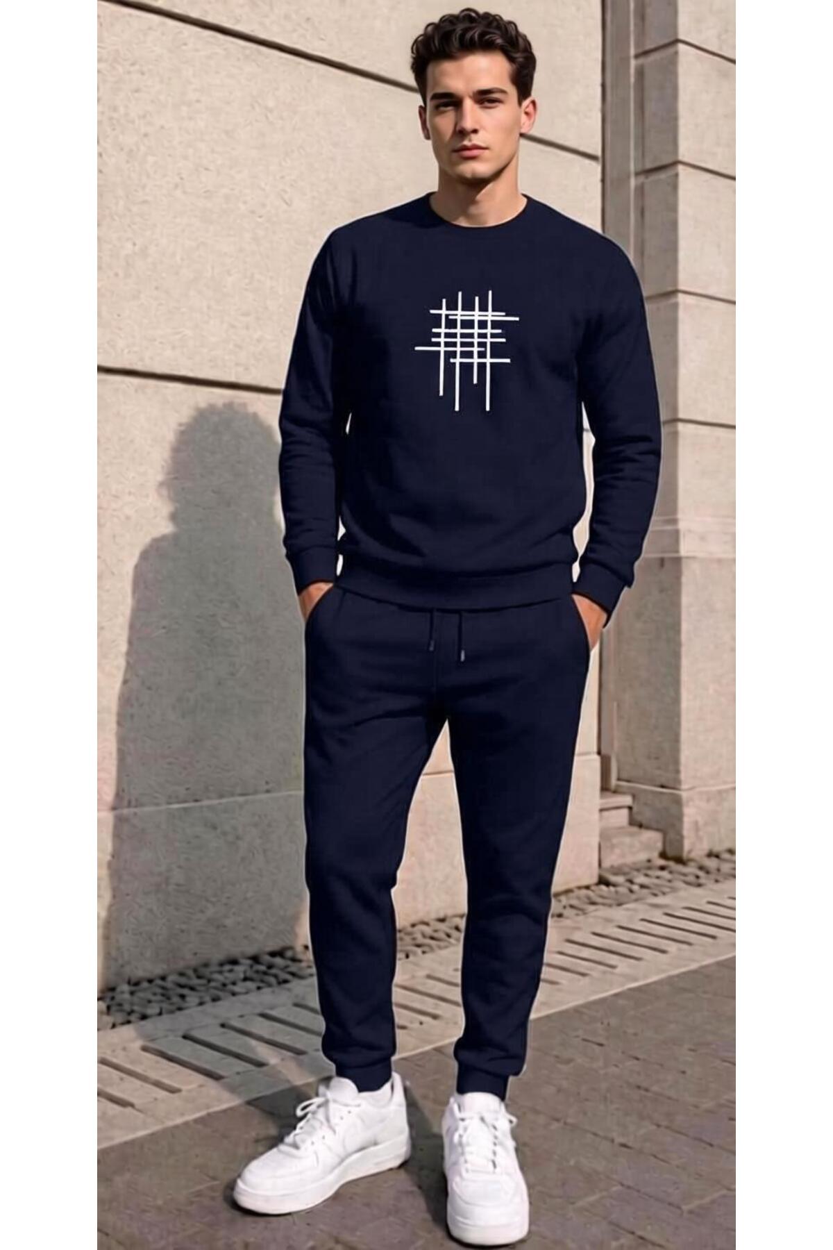 Unisex Erkek/Kadın Geometrik Çizgi Baskılı Sweatshirt Jogger Eşofman Takımı — سرمه‌ای CKE2607091832