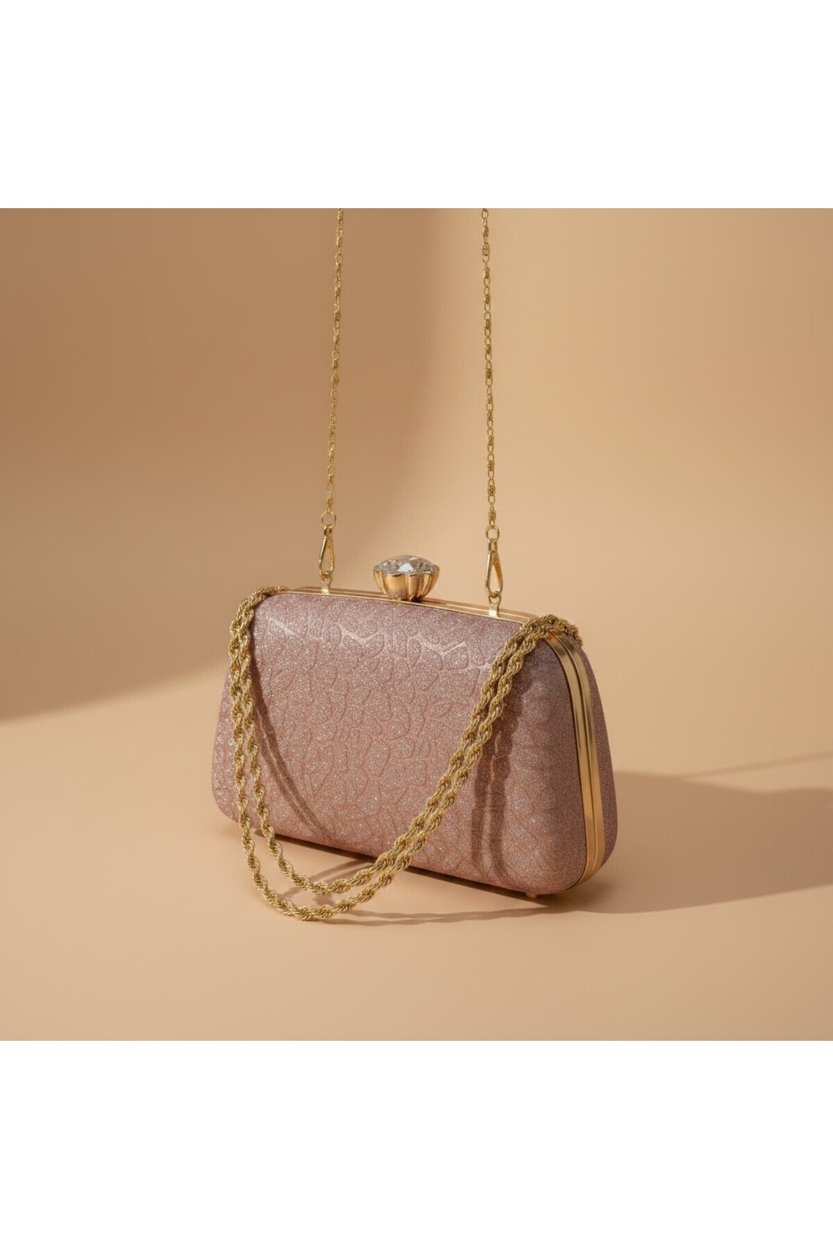 Dilora Kadın Rose Gold Dokulu Simli Abiye Çanta Kristal Taş Tokalı Gold Zincir Askılı Gece Davet Clutch El ve Omuz Çantası görsel 2
