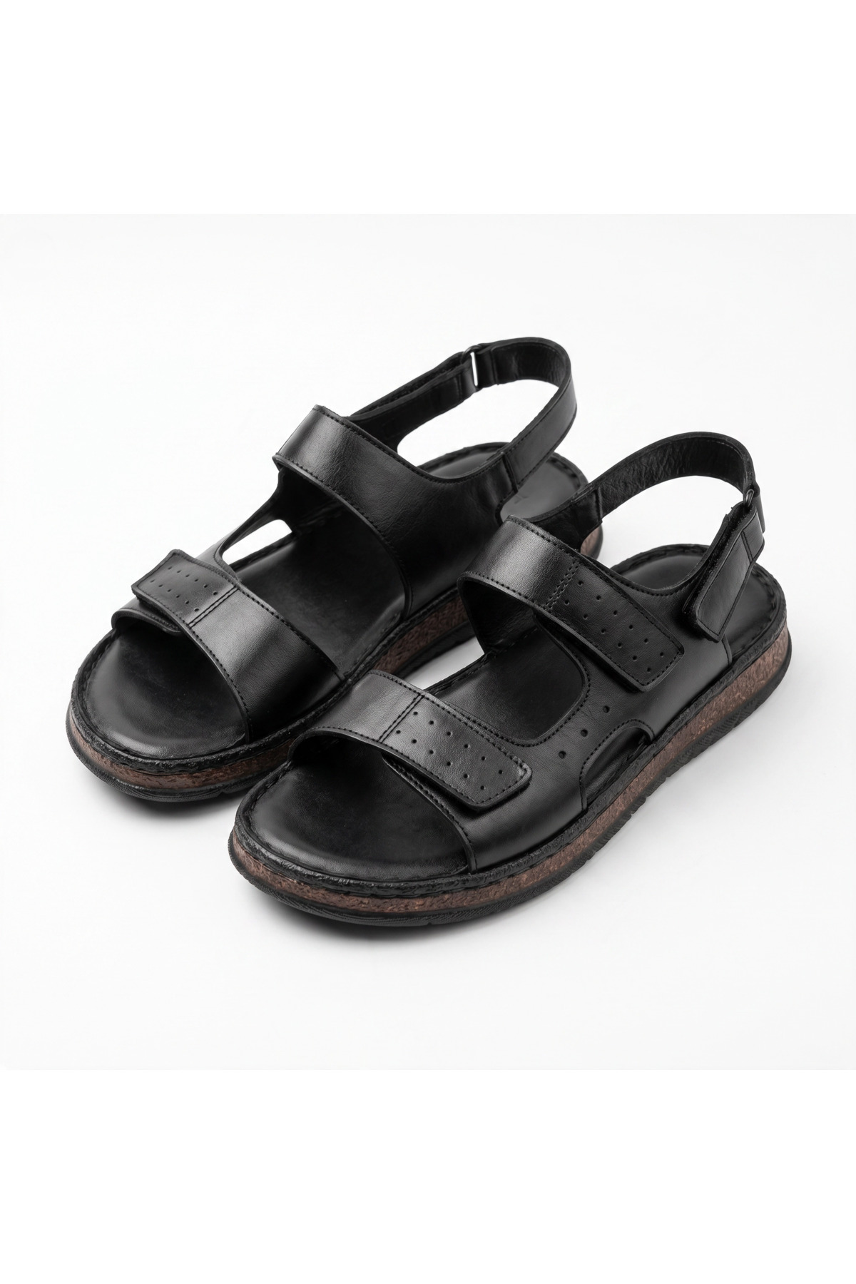 Fame Step Hakiki Deri Unisex Ortopedik Sandalet Siyah Yumuşak Taban Cırtlı Comfort Yazlık Günlük Terlik görsel 5