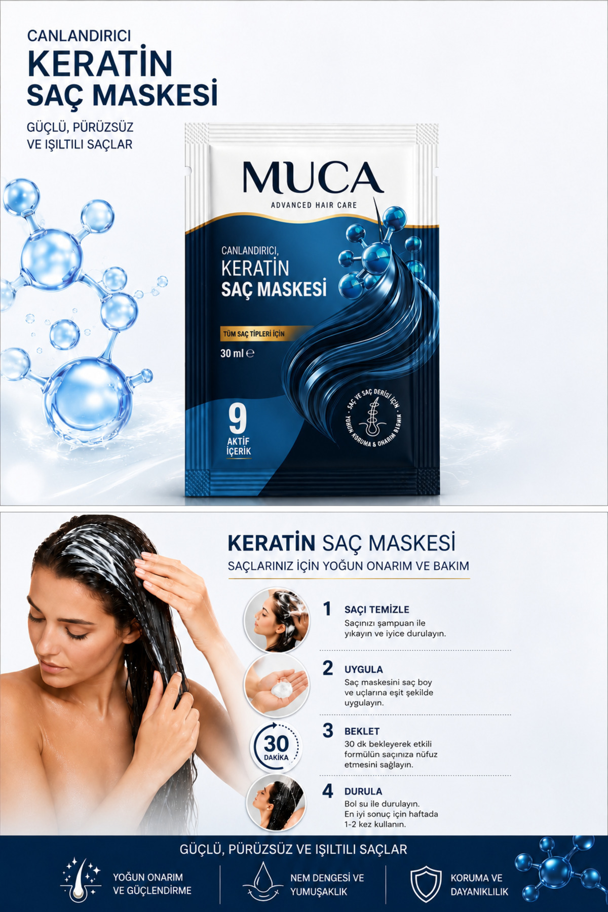 Keratin Saç Maskesi 30 ml | Onarıcı, Nemlendirici ve Besleyici Saç Bakım Maskesi (4'lü PAKET) — DÖRTLÜKERATİN — تصویر 5 از 7