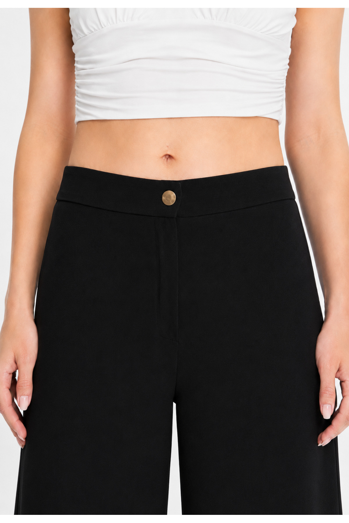 exxit collection Beli Lastikli Kadın Siyah Pantolon Geniş Paçalı İç Göstermeyen Kumaş - Kadın Tesettür Kumaş Pantolon görsel 3