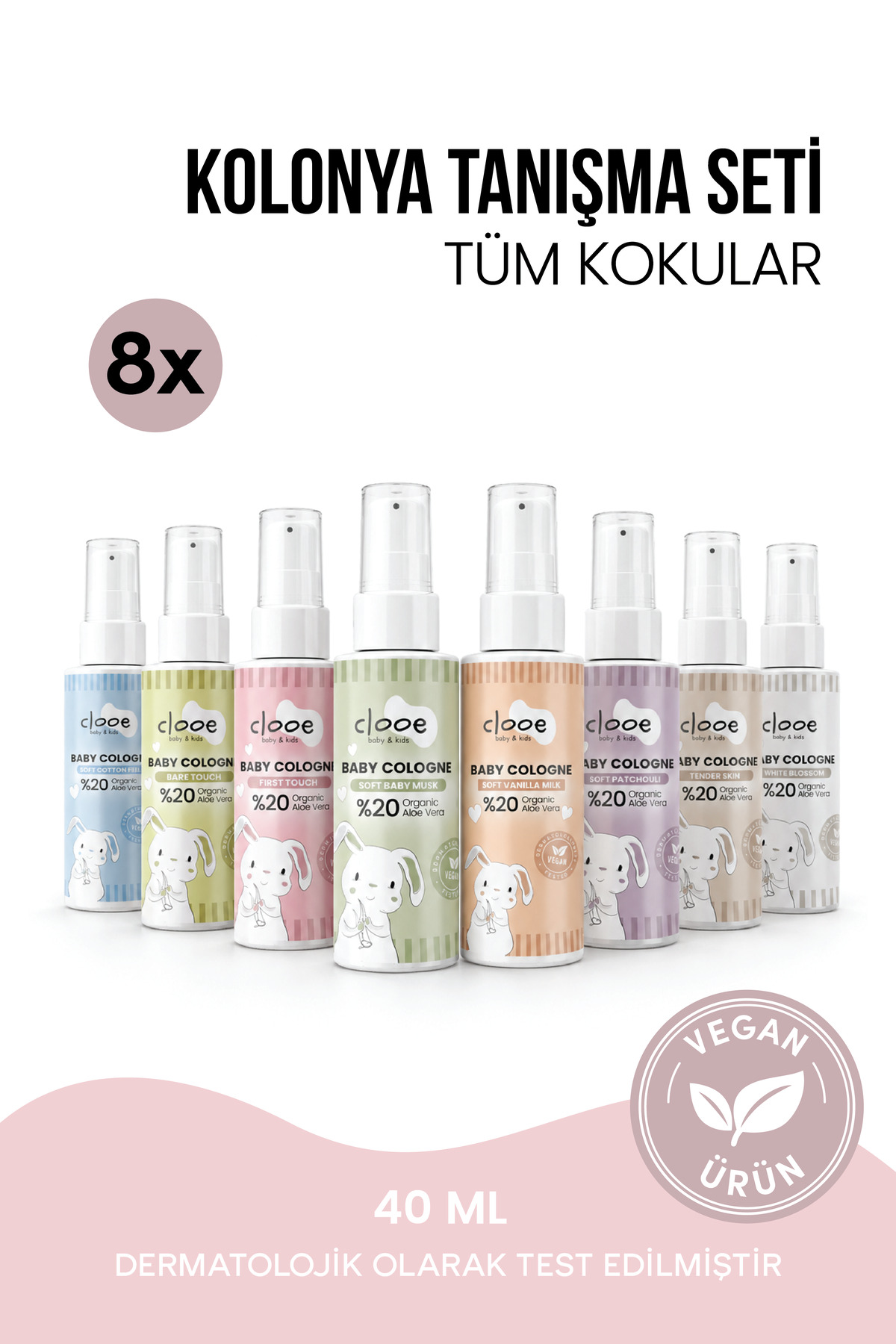 clooe Vegan Bebek Kolonyası Seti Organik Aloe Vera Özlü Karma Paket 8x40ml — PKA054