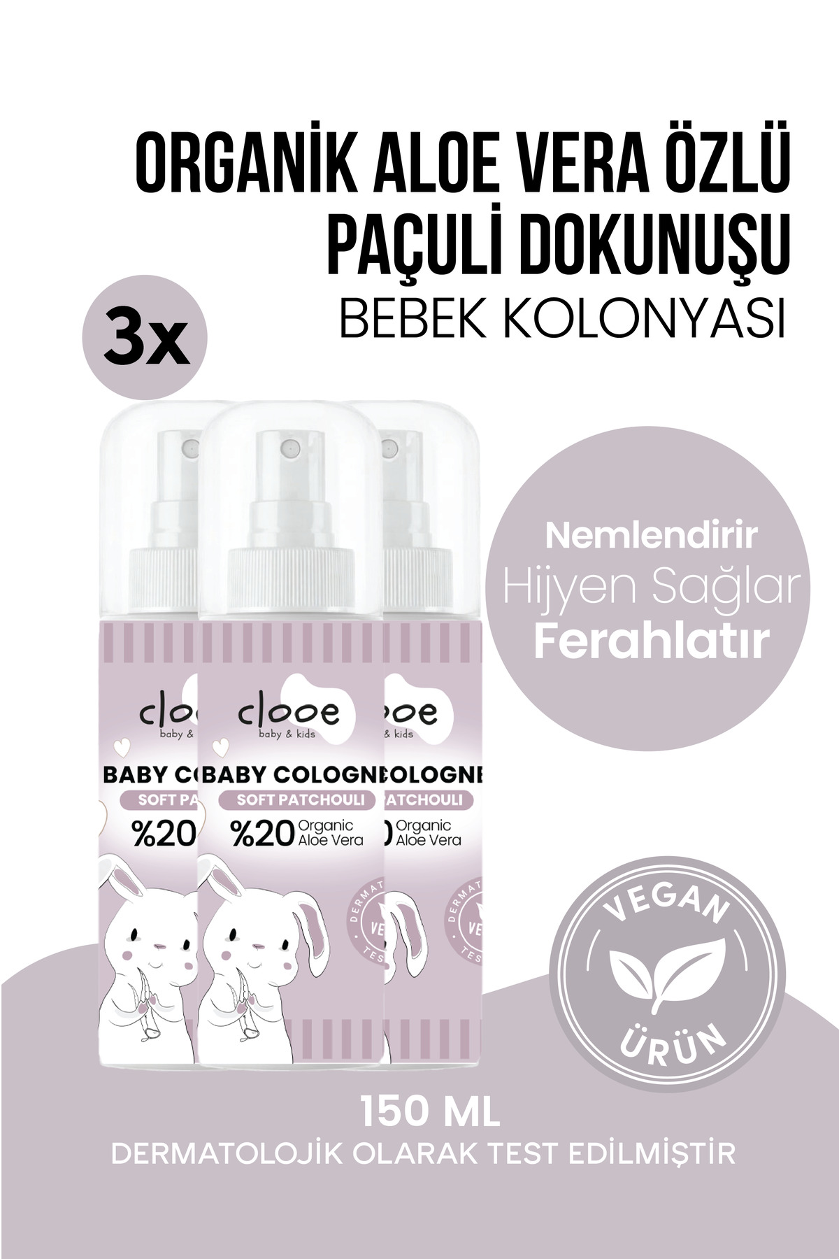 clooe 3'lü Bebek Kolonyası Soft Patchouli 150 ml - Odunsu ve Paçuli Notalı - Organik Aloe Vera Özlü - Vegan - Hızlı Kuruyan — PKA084
