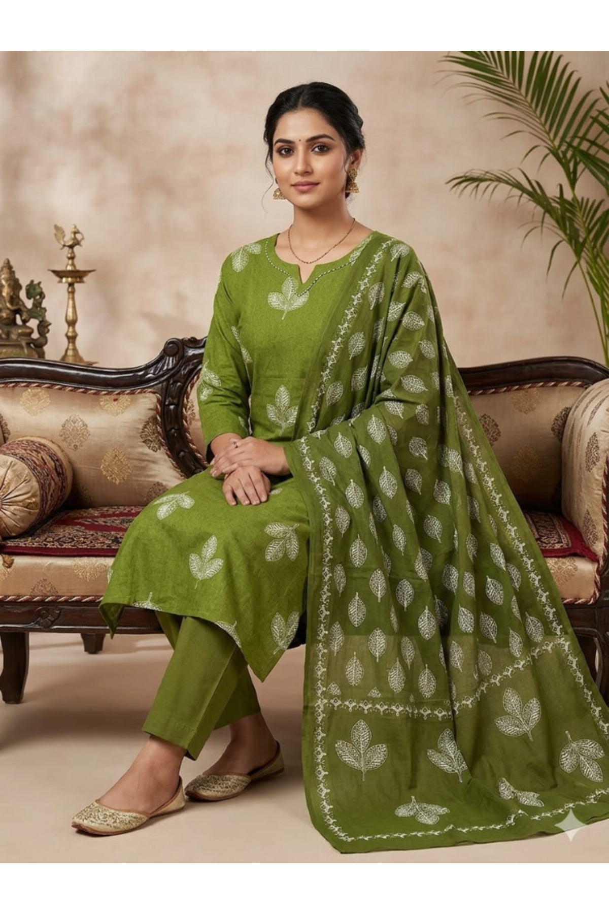 MYSMAR Green Print Kurti Pant Set with Dupatta -Green - FFT8801-Size:XL-42-Inches