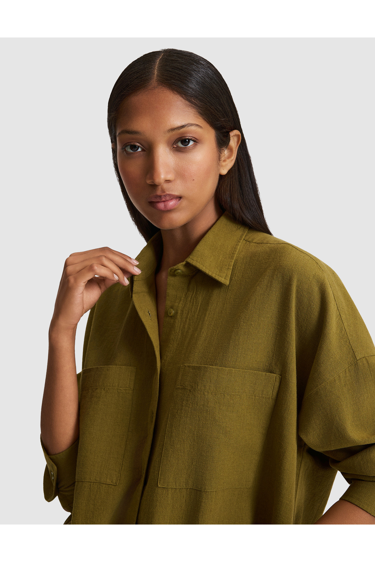 Pierre Cardin Haki Oversize Keten Karışımlı Gömlek 50328624-VR027 görsel 2