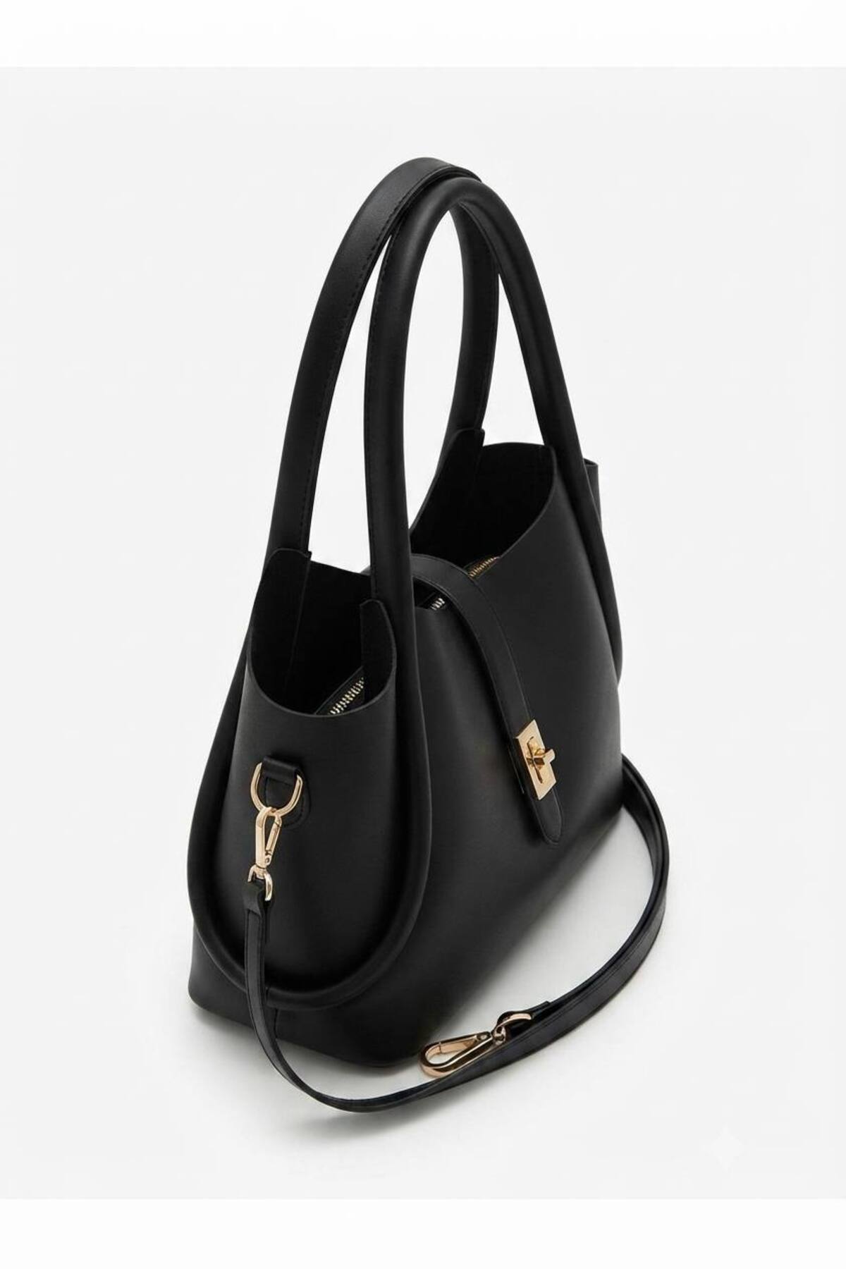 Black SİMSON Women's Handbag and Crossbody Bag with Lock Detail and Makeup Pouch