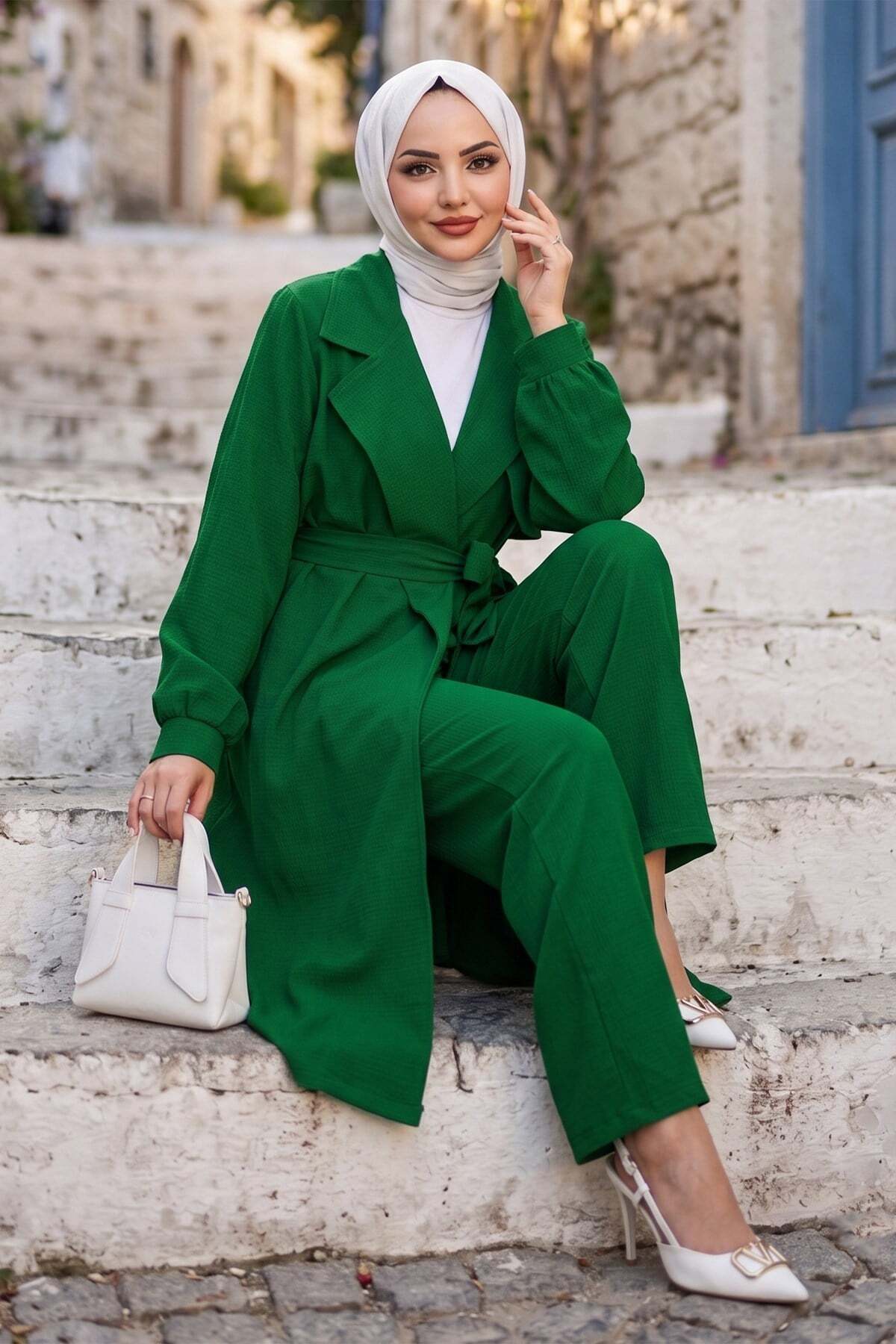 hafsamina Long Kimono Double Set Green Hm2937