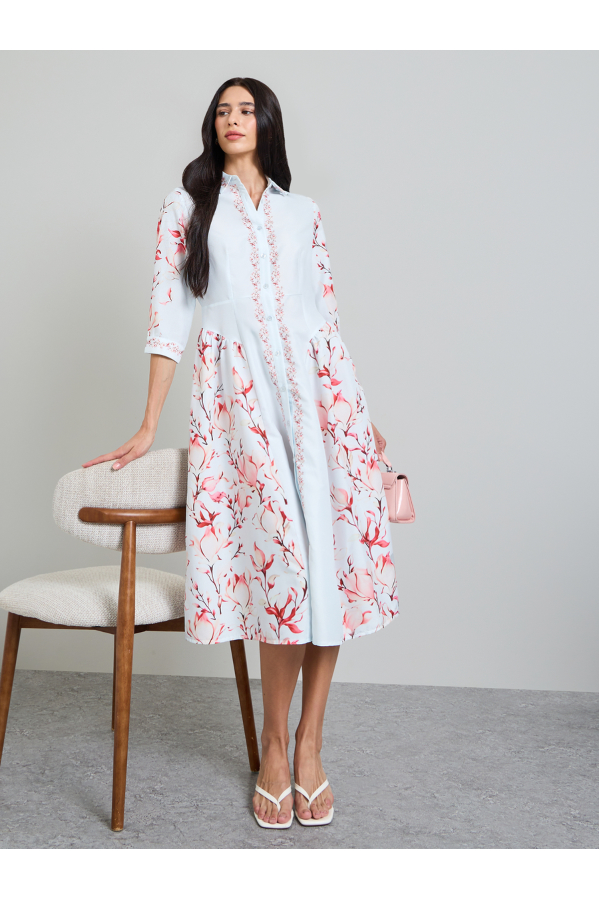 Styli Light Blue Floral Shirt Midi Dress
