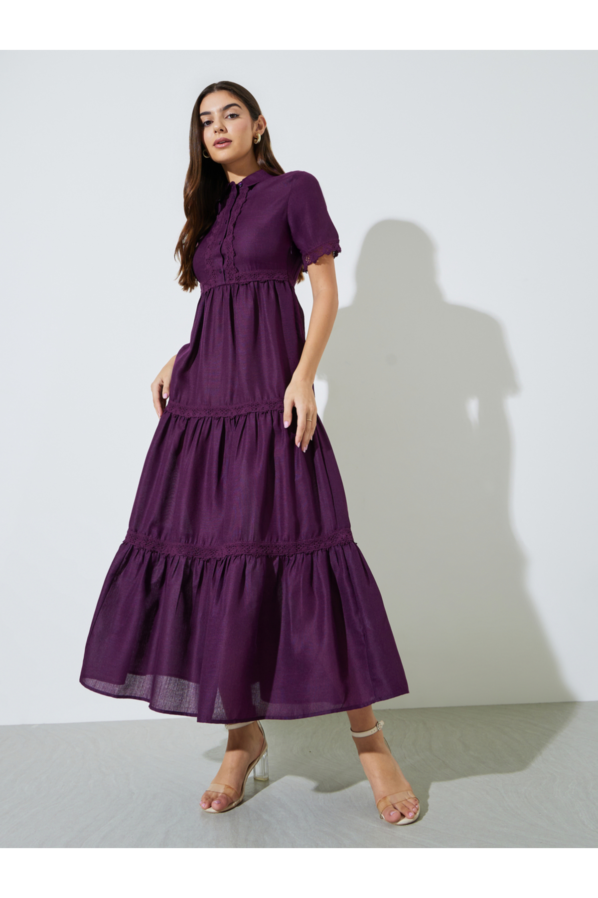 Styli Purple Lace Trim Short Sleeves Shirt Maxi Dress