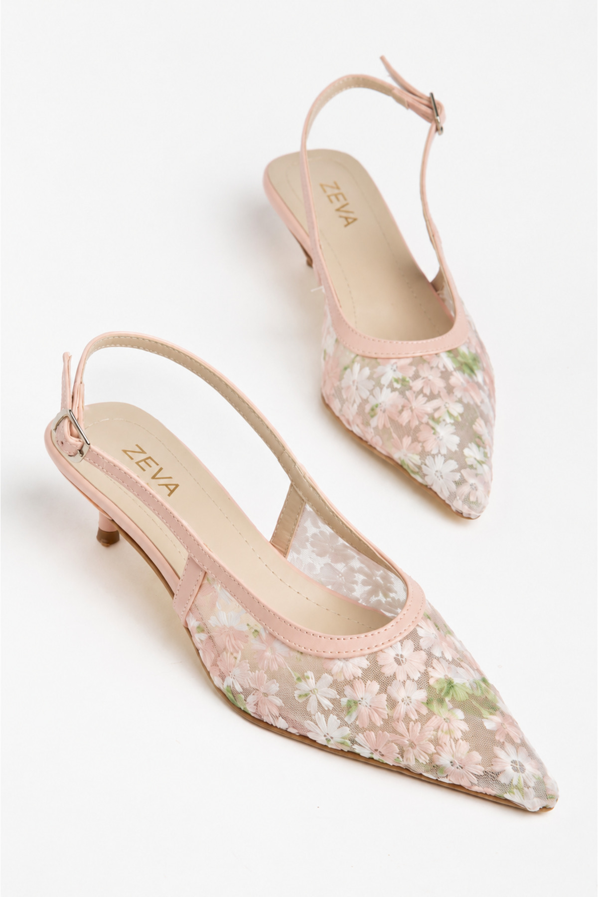 ZEVA COLLECTION ZEVA Kadın Çiçek Desenli Tül İşlemeli Sivri Burun Slingback Kısa Topuklu Abiye Ayakkabı görsel 2