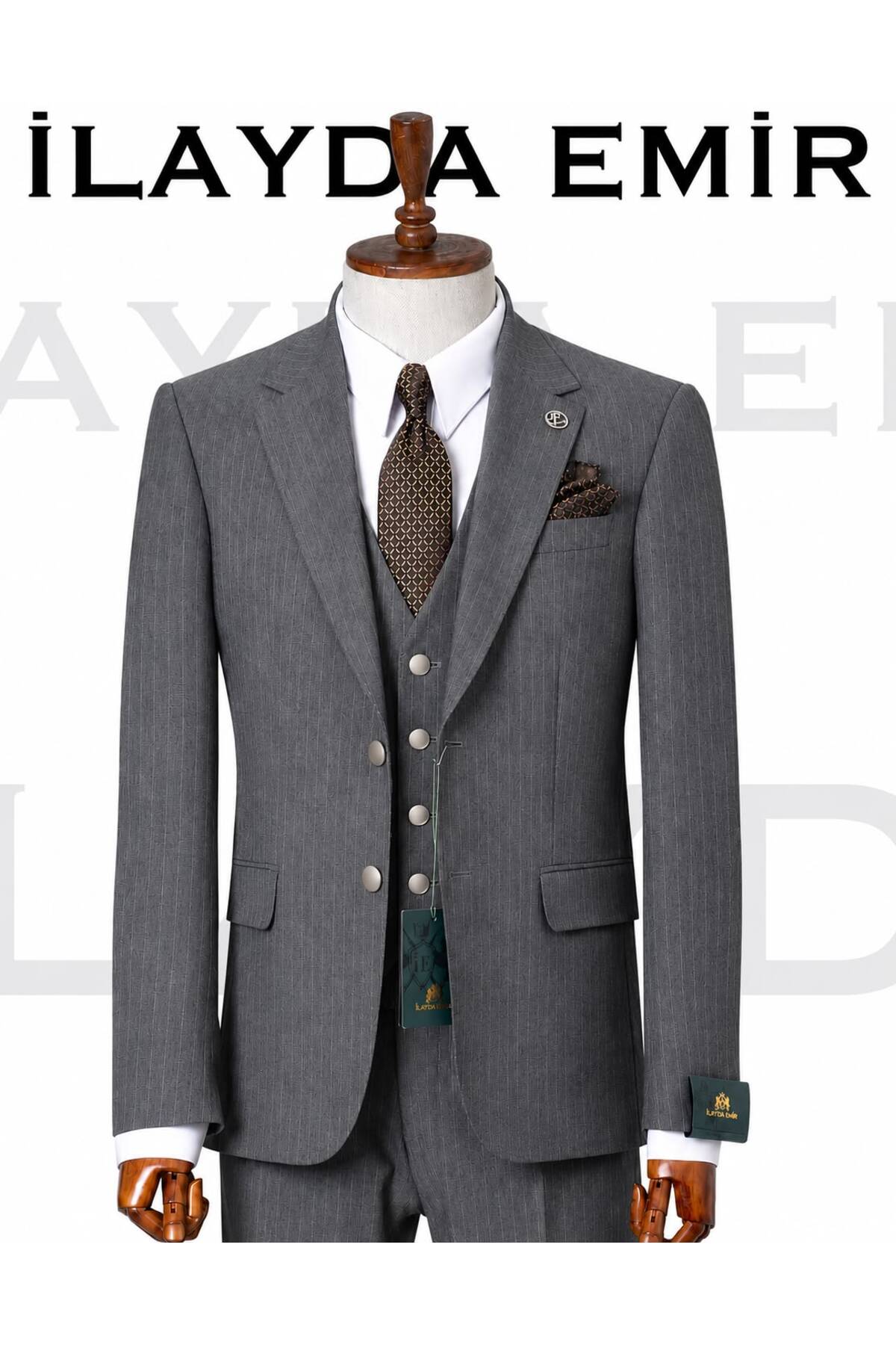 ilayda emir Men's Grey Slim Fit Vest Suit Striped Classic 3 Piece 6 Drop Wedding Groom Suit