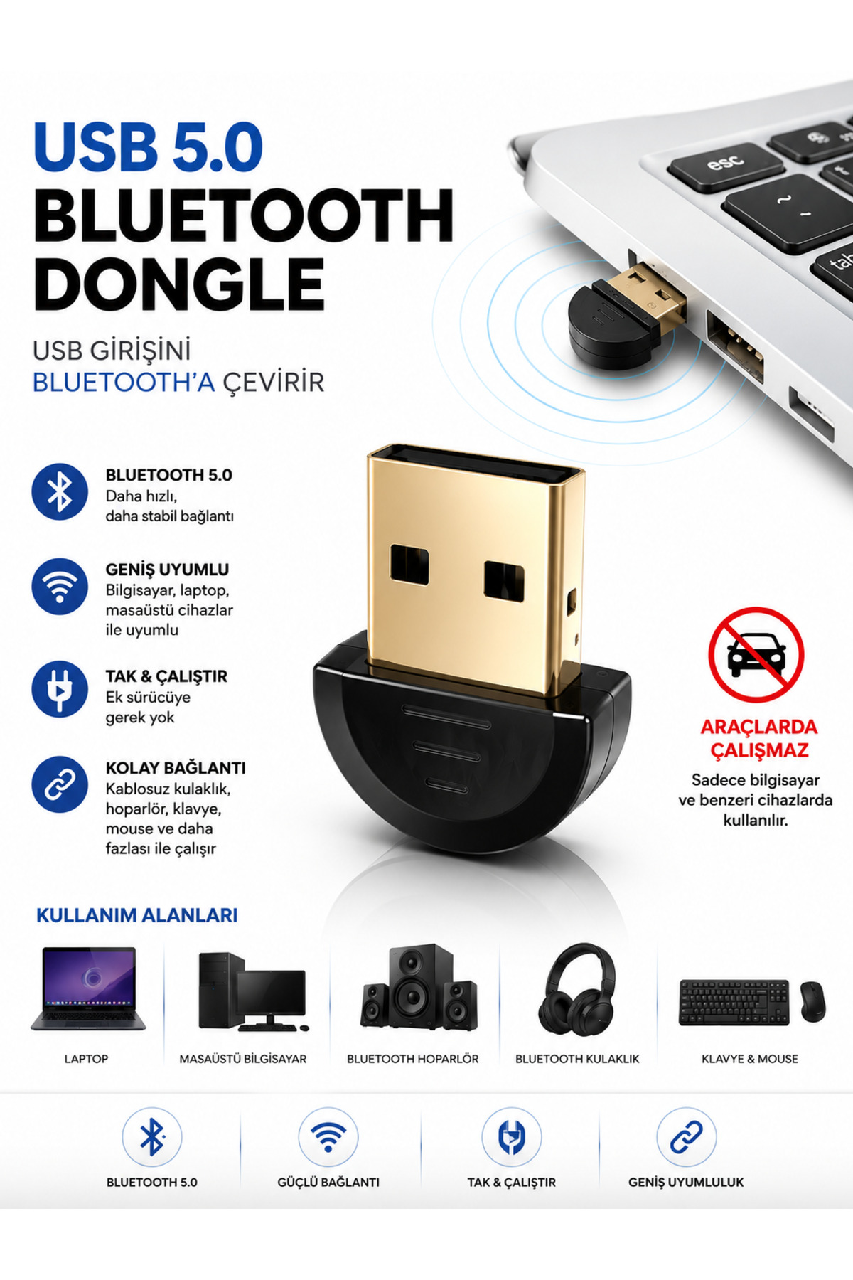 USB To Bluetooth Adapter Laptop/PC/Oyun Konsolu/Akıllı Televizyon Uyumlu Tak Çalıştır USB Bluetooth Adaptörü
