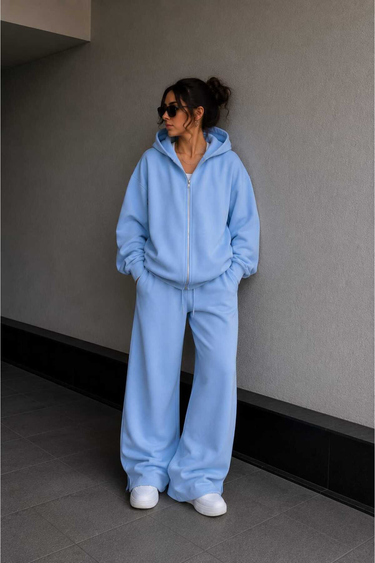 Unisex Oversize Fermuarlı Kapüşonlu Eşofman Takımı — آبی 00049 — تصویر 6 از 6