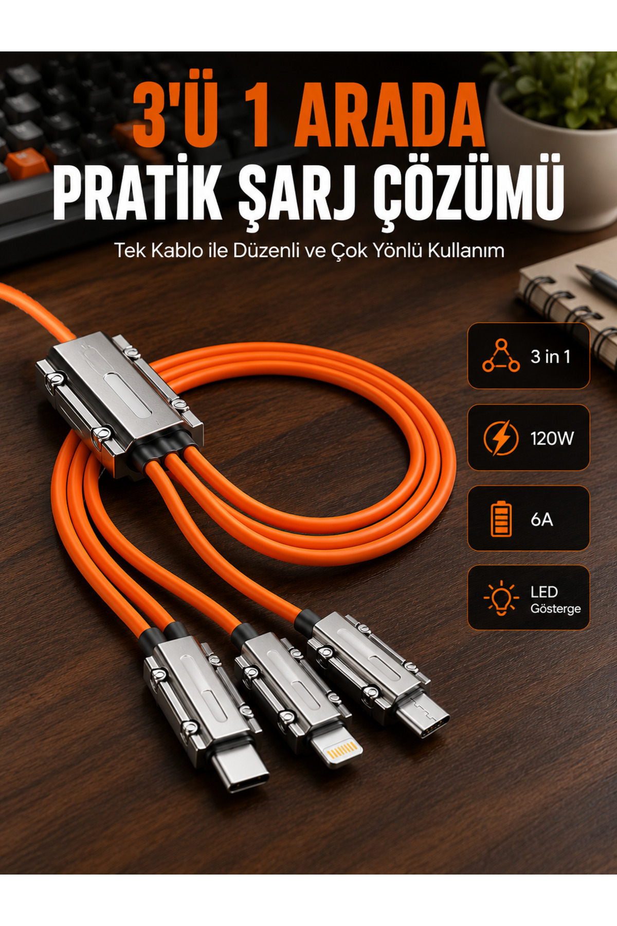 markentegra Yüksek Güç Aktarımı Sunan 6A Destekli Çoklu Bağlantı Şarj ve Veri Kablosu