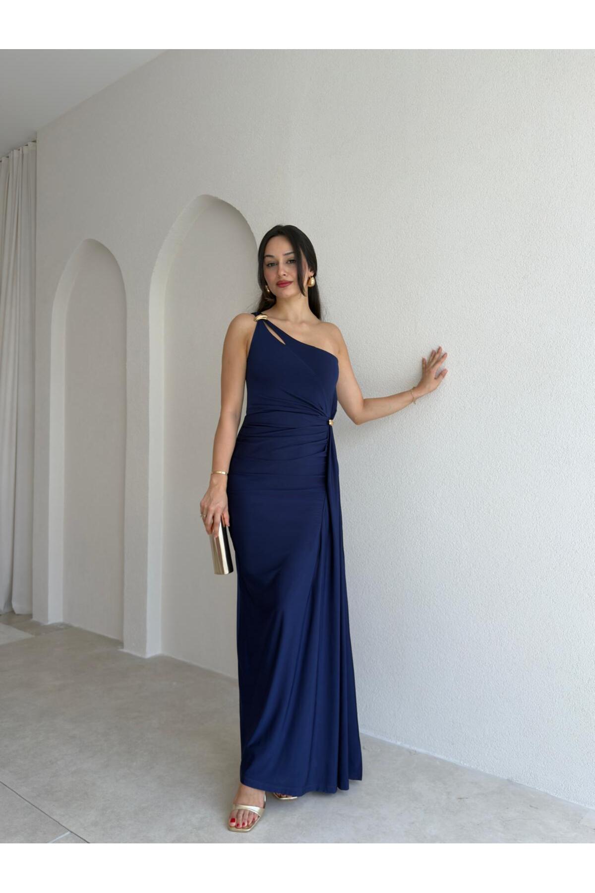 Mooi Butik Raya One Shoulder Maxi Dress 3741 - Navy Blue