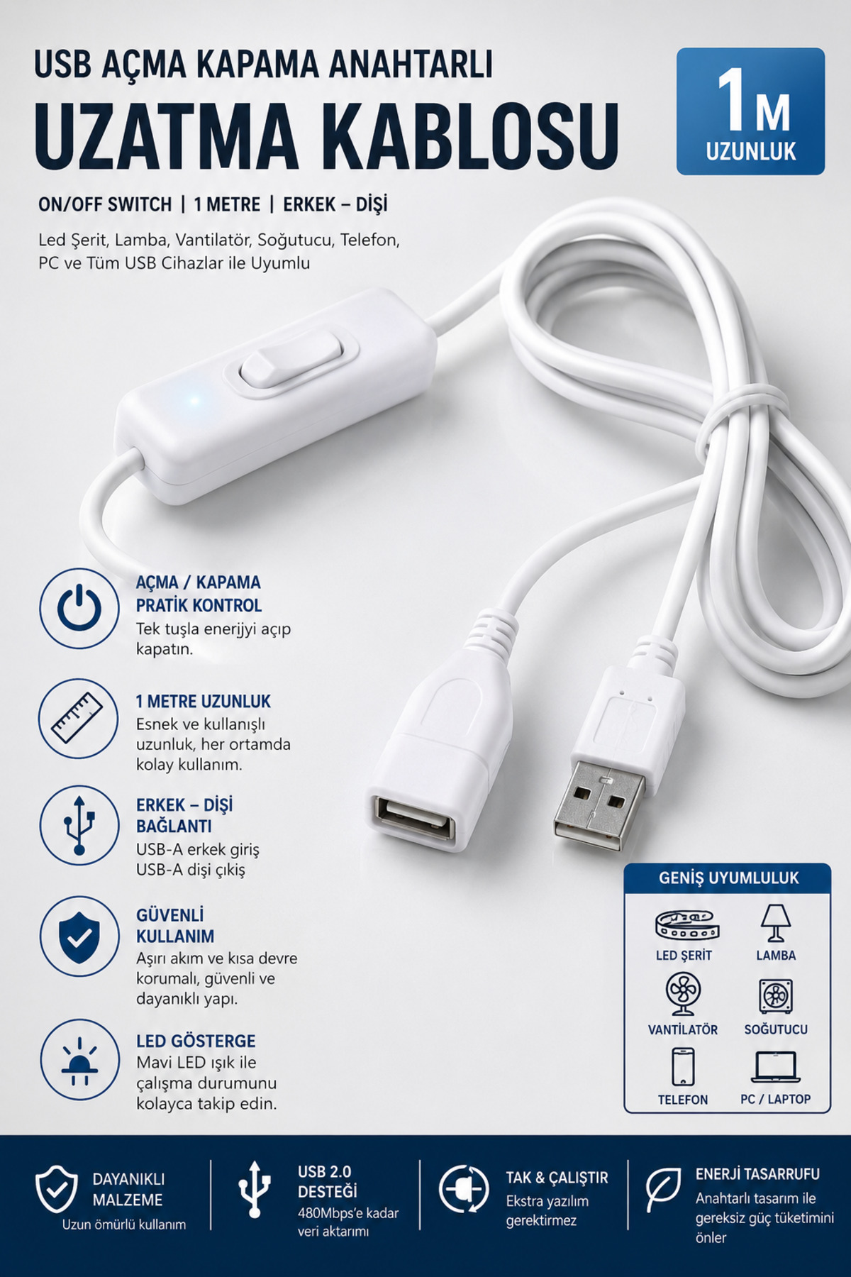1 METRE Usb Açma Kapama Anahtarlı Uzatma Kablosu Beyaz 1m Dişi Erkek On Off Switch Led Şerit Lamba Vantilatör Soğutucu Güç Kablosu Kesici Adaptör Bağlantı Aparatı Telefon Pc Bilgisayar Uyumlu