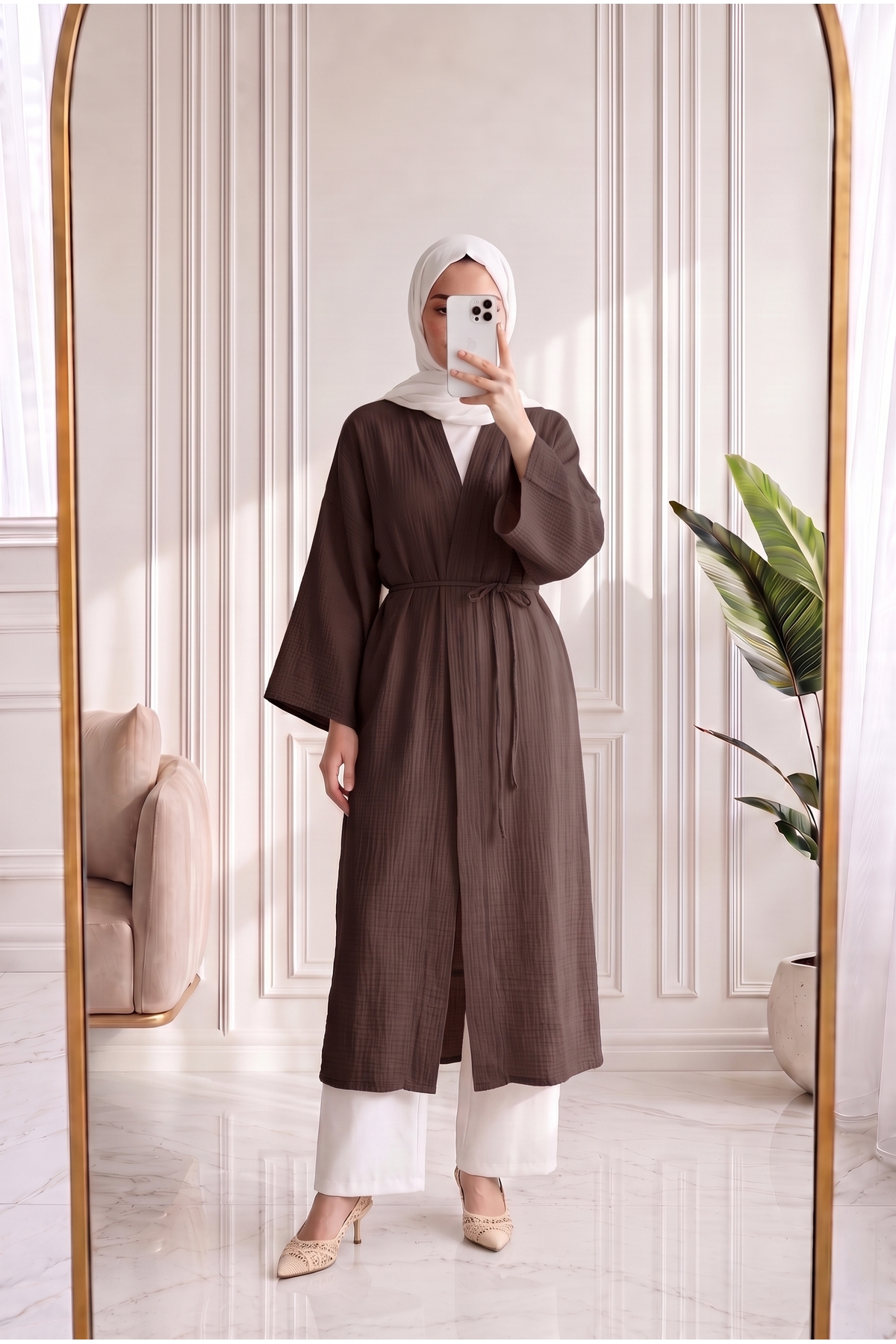 HaaT イッセイミヤケ チュール　手刺繍エプロンドレス ブラウン 2 D568 Holehola Melinaz Uzun Müslin Kimono-AS2455 Koyu Kahve - Fiyatı