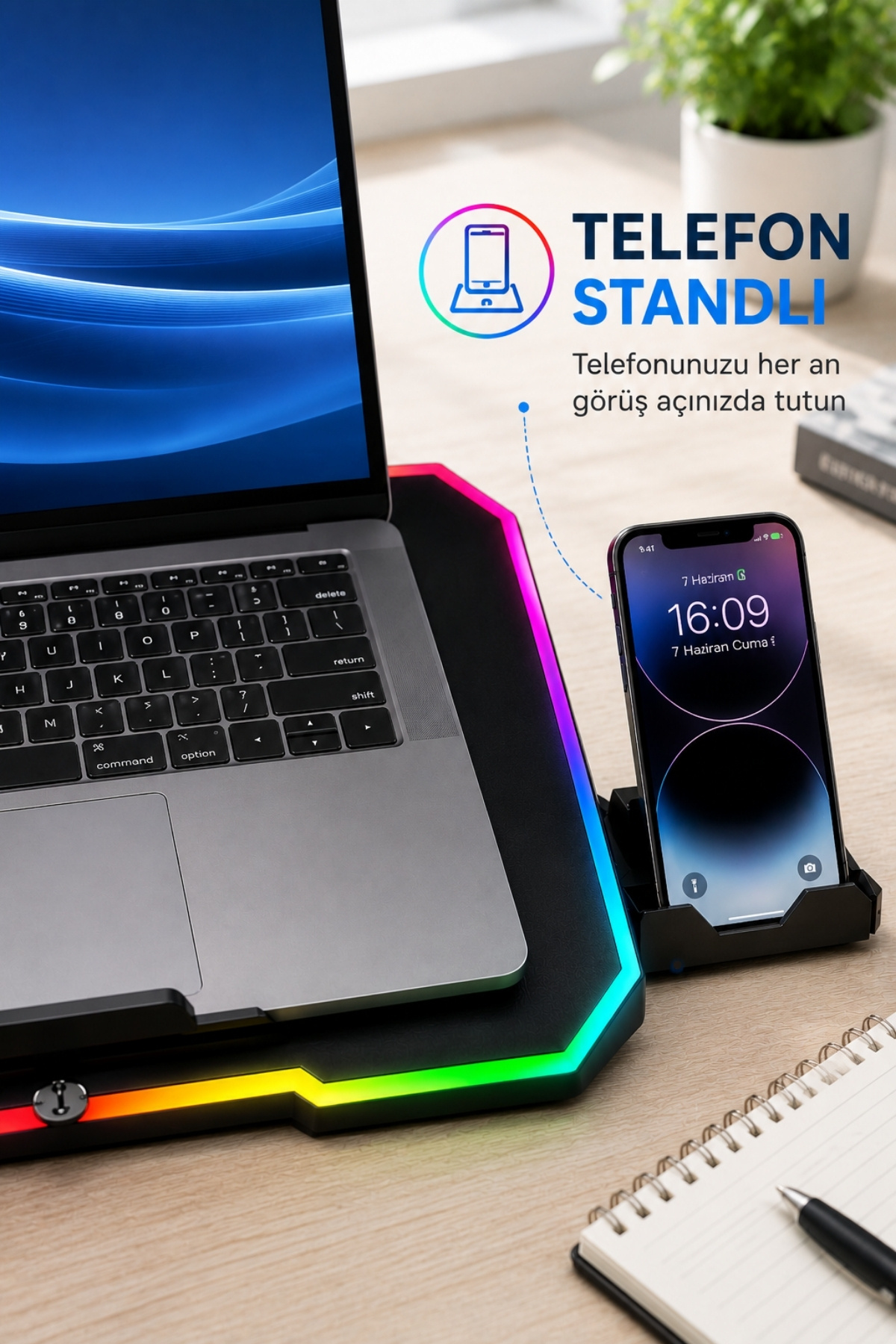 پایه خنک‌کننده لپ‌تاپ RGB با دو فن، قابل تنظیم، خنک‌کننده نوت‌بوک با نگهدارنده گوشی، تغذیه USB، رنگ مشکی
