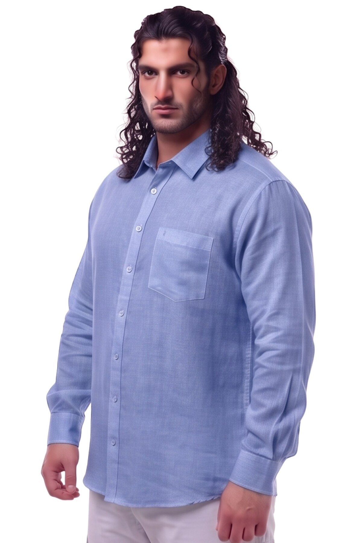 marufshop Erkek Büyük Beden 118-145 Arası İçin Uygun % 100 Keten Uzun Kol Rahat Kalıp Düğme Yaka Yazlık Gömlek görsel 4