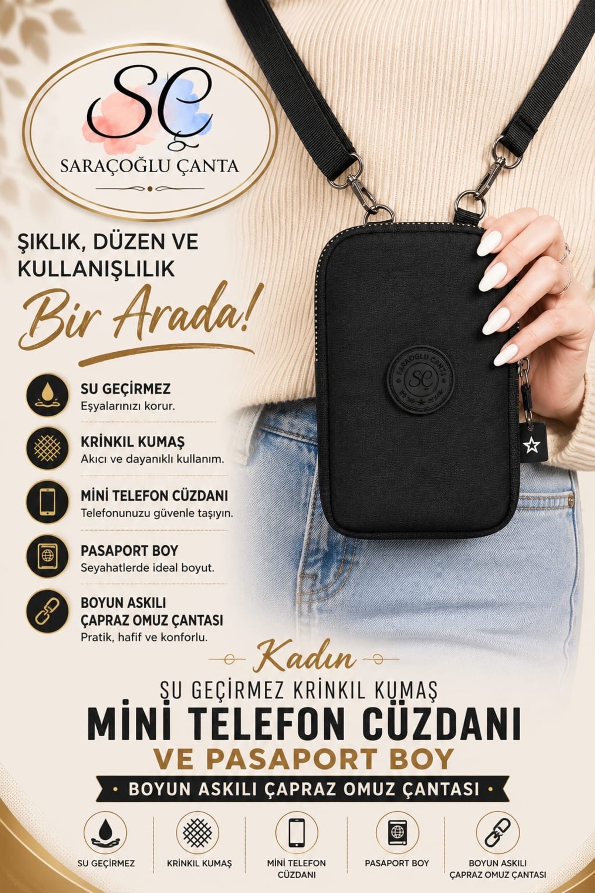 sç Saraçoğlu Çanta Kadın Su Geçirmez Krınkıl Kumaş Mini Telefon Çantası Çapraz Omuz Ve Pasaport Çantası