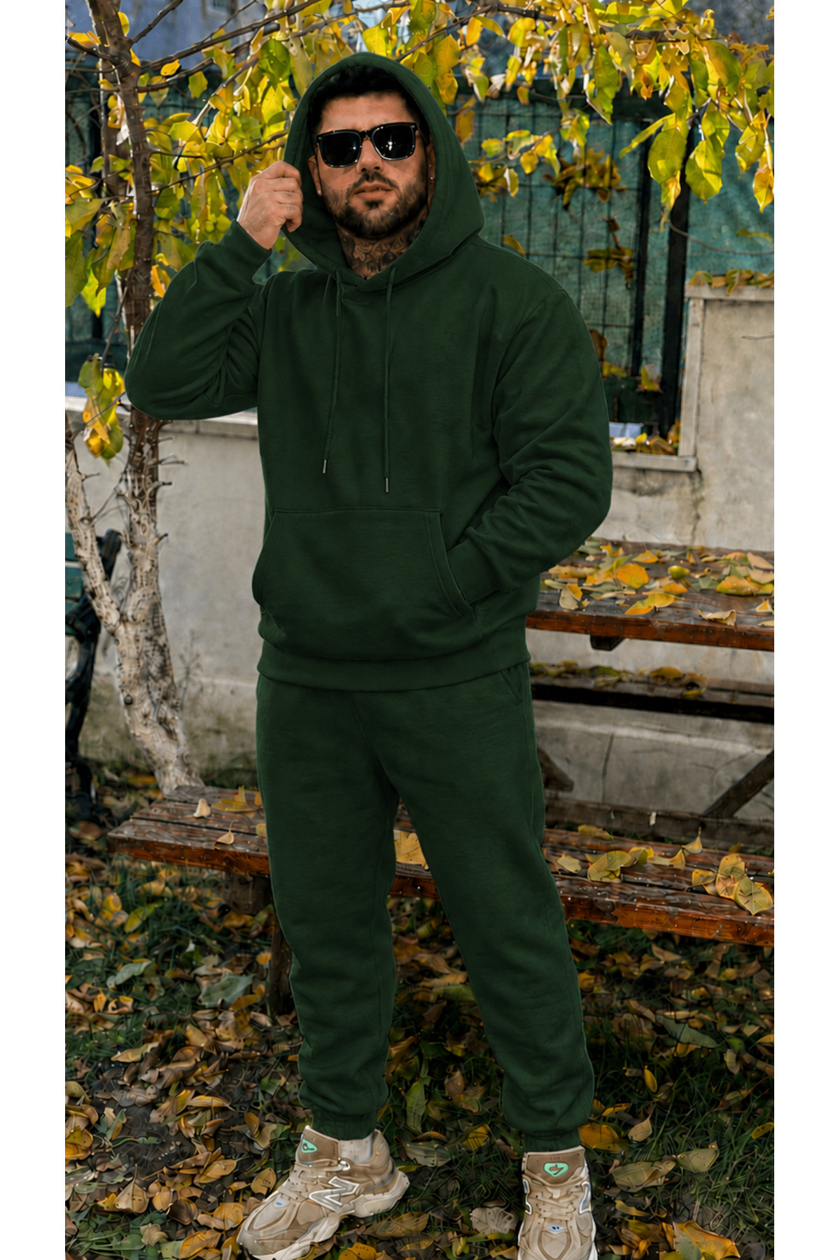 Erkek Kapşonlu 3 İplik Şardonlu Salaş Bol Hoodie Eşofman Takımı — سبز Mstf6027-1 — تصویر 4 از 4