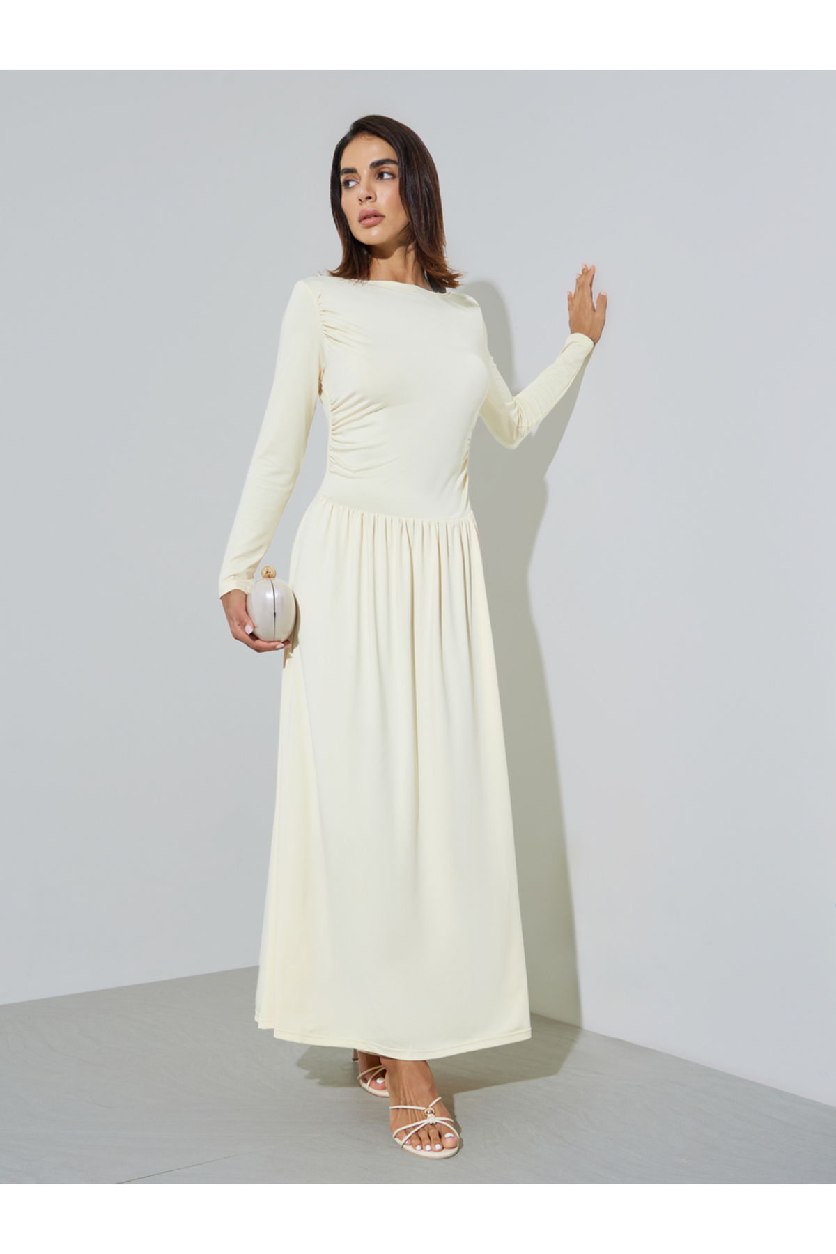 Styli Cream Side Gathered A-Line Maxi Dress
