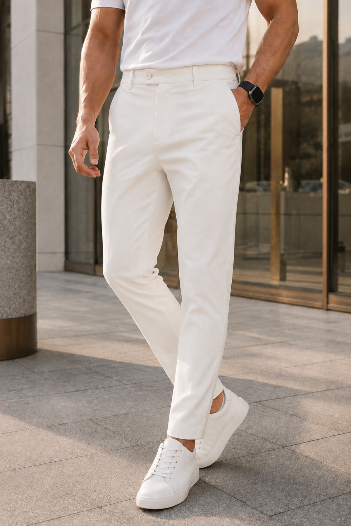 MODAMESTO Erkek Kırık Beyaz Slim Fit Likralı Yan Cep Bilek Boy Düz Kumaş Pantolon