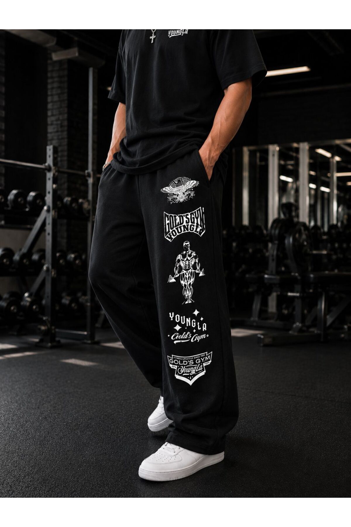 ZAVIXO Siyah 2 İplik Oversize Baskılı Eşofman Altı Gold's Gym Vintage Grafik Pamuklu Bol Paça Günlük Spor Pantolon görsel 3