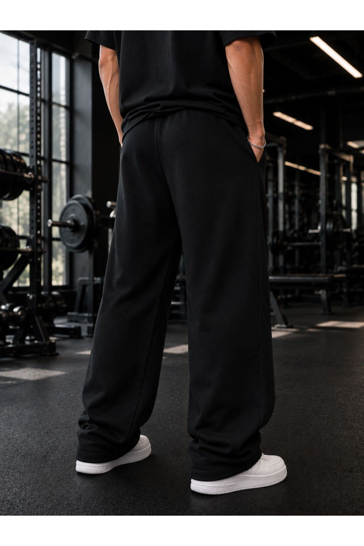 ZAVIXO Siyah 2 İplik Oversize Baskılı Eşofman Altı Gold's Gym Vintage Grafik Pamuklu Bol Paça Günlük Spor Pantolon görsel 4