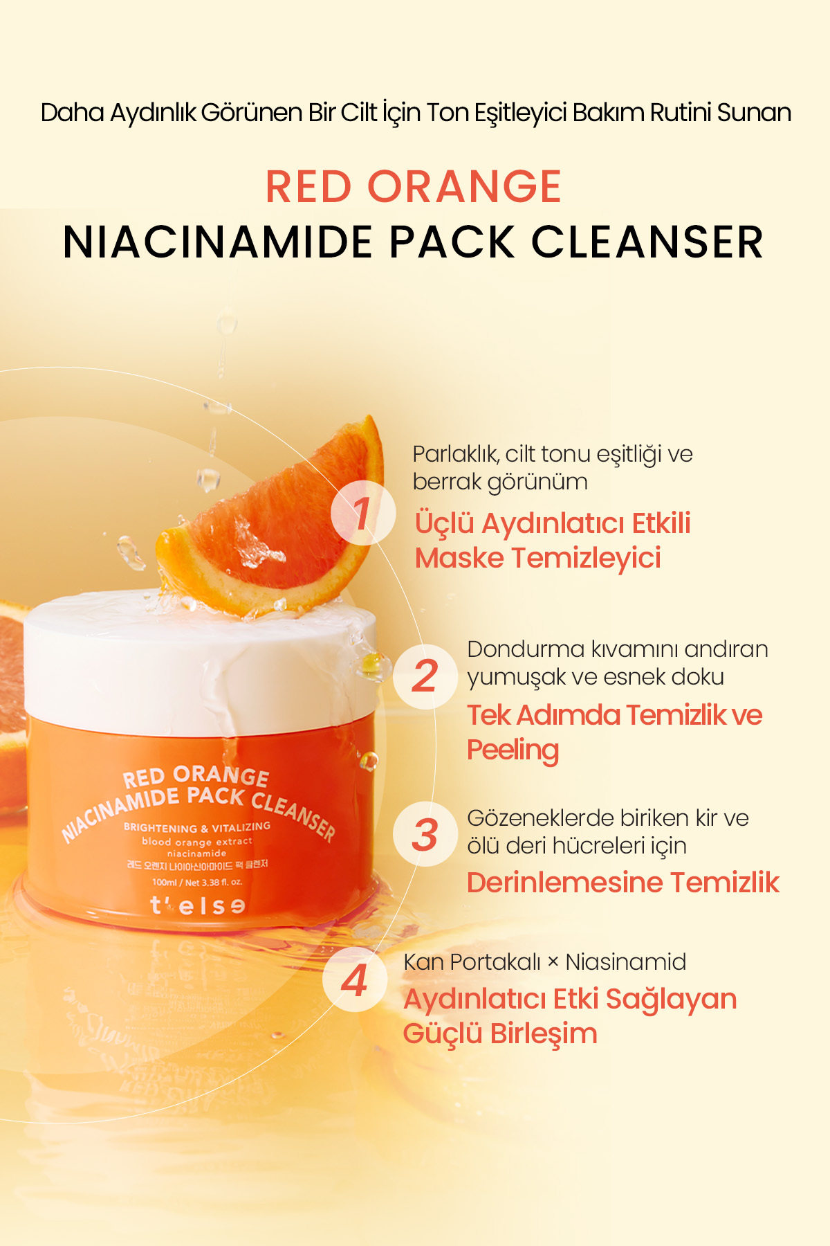 Siyah Nokta Karşıtı, Aydınlatıcı Yüz Temizleme Kremi TELSE Red Orange Niacinamide Pack Cleanser — 9839 — تصویر 3 از 9