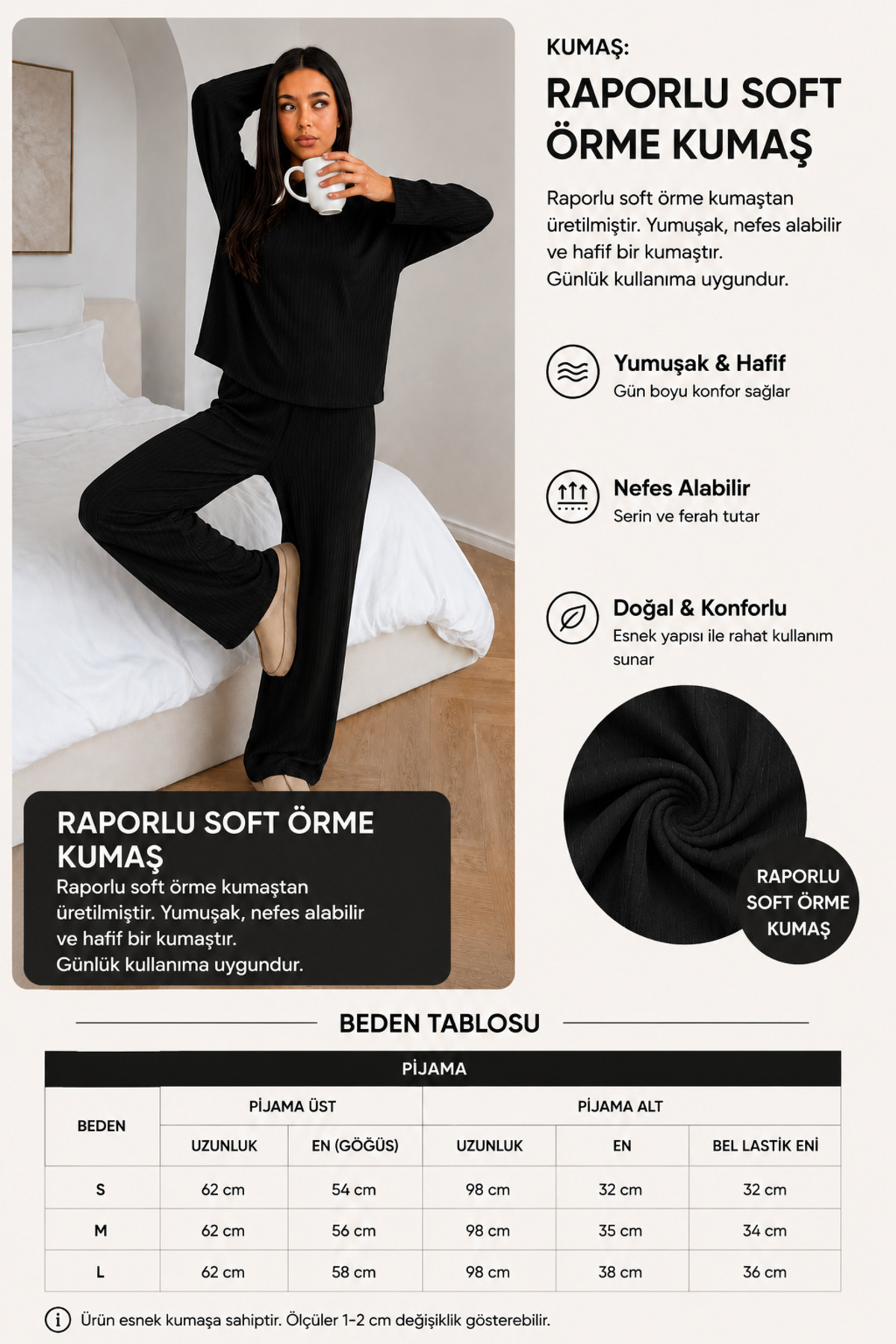 ÖZ PAMUK Kadın Uzun Kollu Raporlu Kumaş Şardonlu SOFT Pijama Takımı, Rahat Kesim Bisiklet Yaka Alt Üst Takım görsel 6