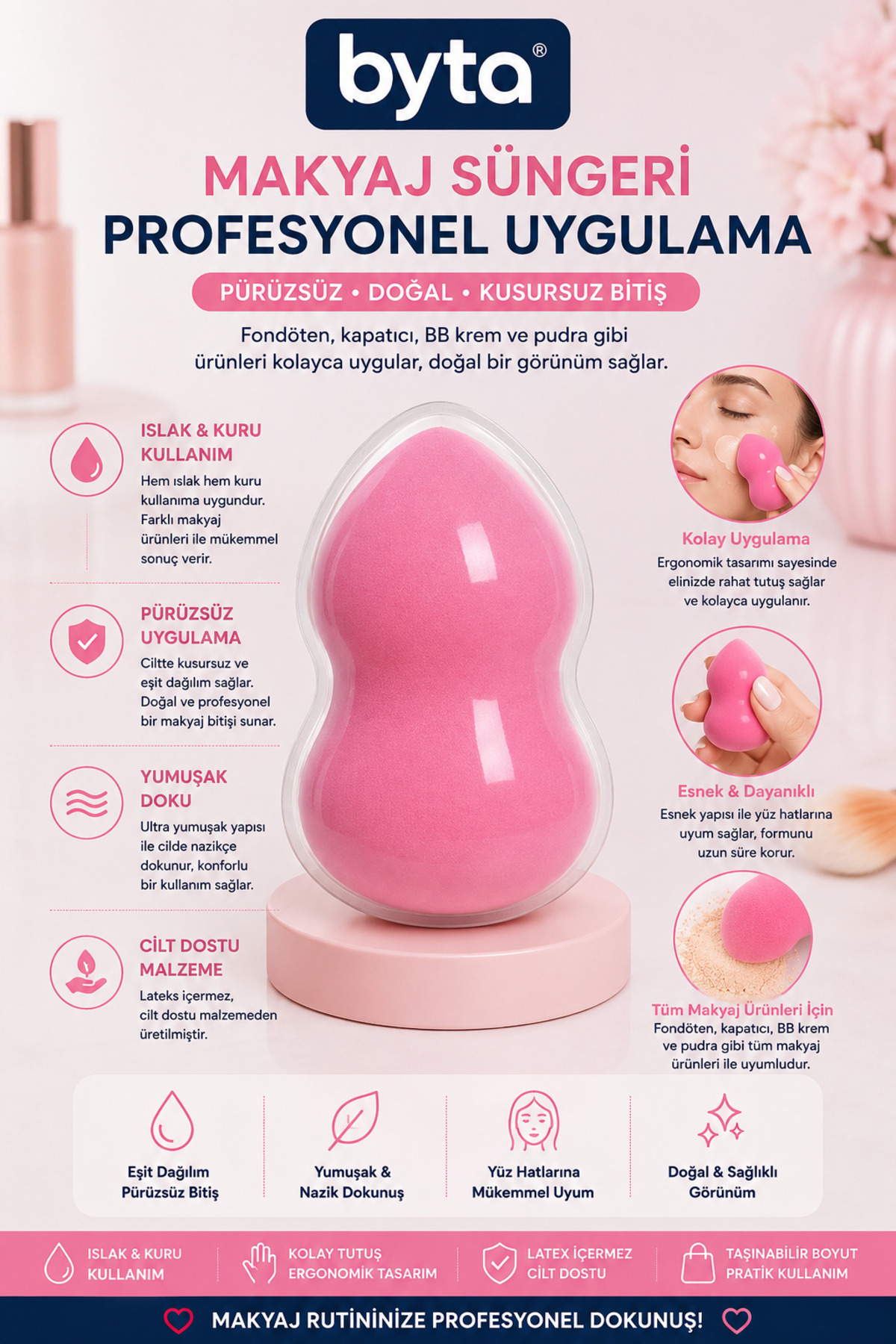 Ergonomik Makyaj Süngeri – Islak ve Kuru Kullanıma Uygun Fondöten, Kapatıcı ve Pudra Uygulama Süngeri — BYTA-AYK-014