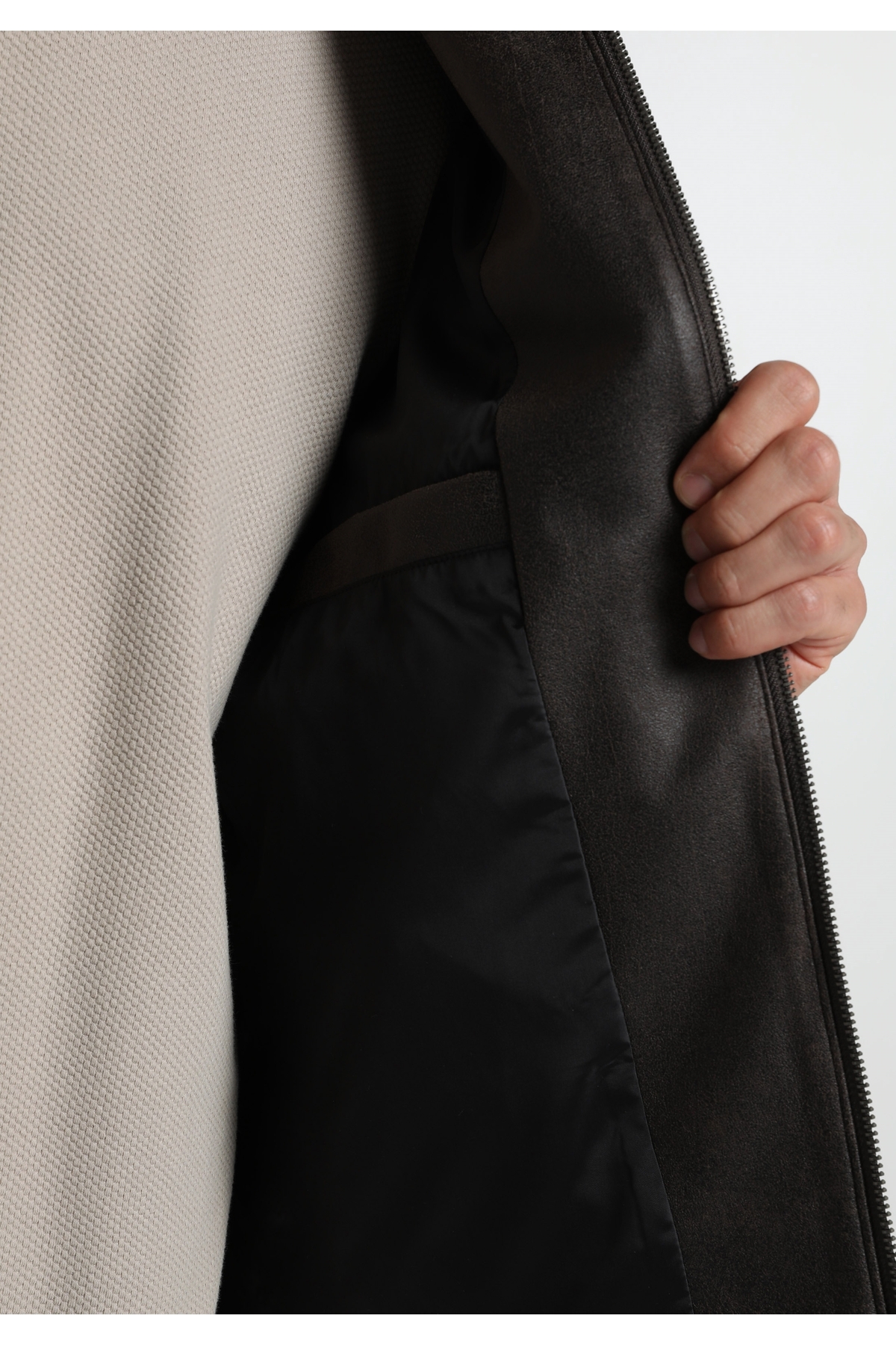 Regular Fit Shirt Neck Fermuarlı Astarlı Erkek Kahverengi Mont Pu — قهوه‌ای CL1082377_Q1.V1 — تصویر 5 از 6