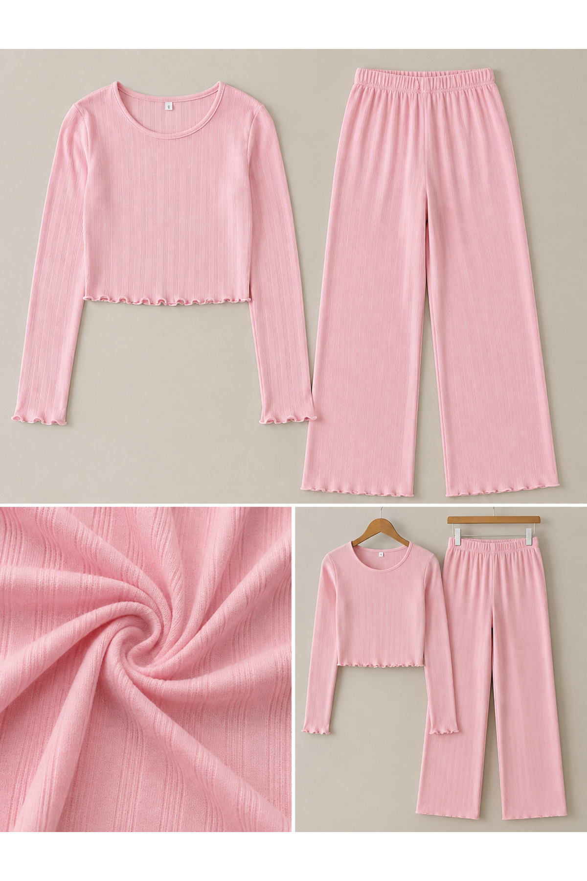 ÖZ PAMUK Kadın Uzun Kollu Fırfır Detaylı Crop Bluz ve Bol Paça Yumuşak Dokulu Rahat Günlük Pijama Takım görsel 6