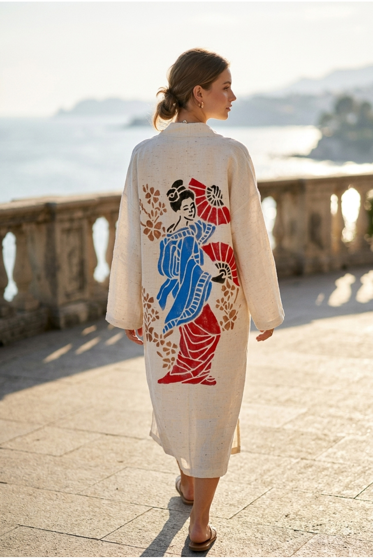 İNCE KETEN GEYŞA BOHEM KAFTAN KİMONO - SINIRLI ÜRETİM (YALNIZCA İKİ ADET) · Görünüm 4