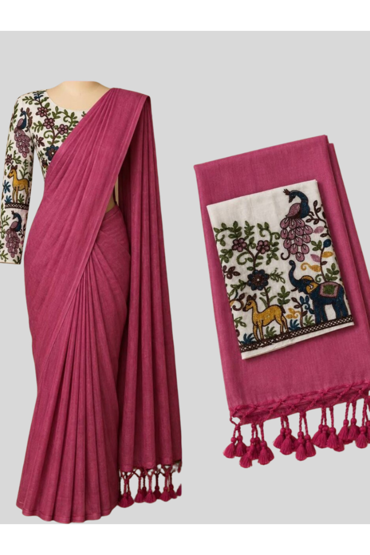 MYSMAR Pink Khadi Cotton Saree with Floral & Animal Print Blouse - FFT9594 | Pink & Multicolor