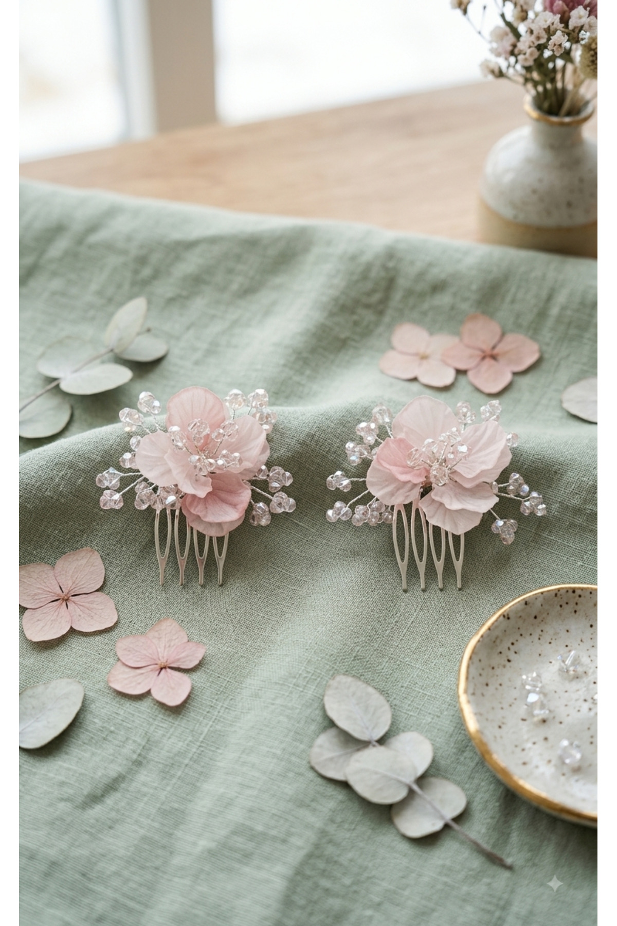 Bella Grace 𝗕𝗲𝗹𝗹𝗮 𝗚𝗿𝗮𝗰𝗲 2li tarak Kristal taş detaylı pudra pembe saç Aksesuar Düğün,Nikah, Nişan, kına görsel 2