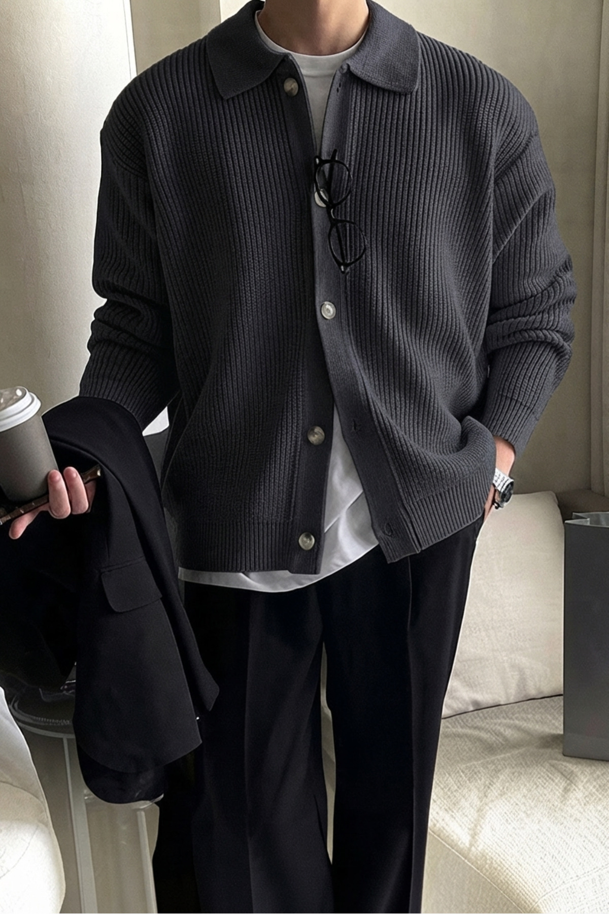 SERABLANKA Erkek Polo Yaka Oversize Triko Hırka görsel 3