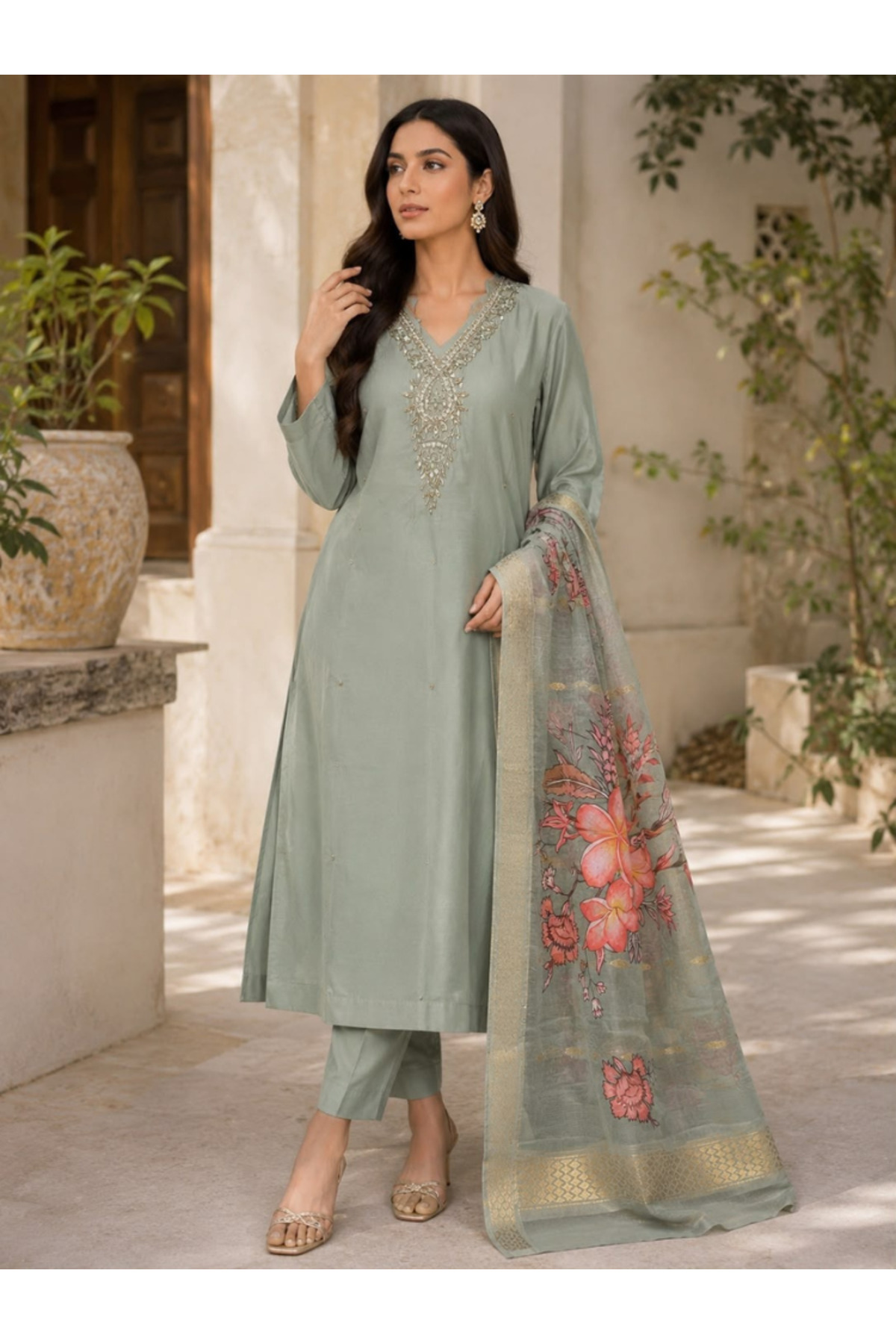 MYSMAR Sage Green Roman Silk Embroidered Three-Piece Suit - VVB9531 | Sage Green-Size:XL-42-Inches