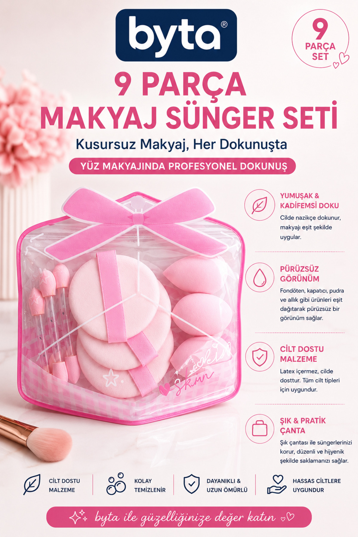 9 Parça Makyaj Süngeri Seti – Çantalı Fondöten, Pudra ve Kapatıcı Uygulama Sünger Seti — BYTA-AYK-027