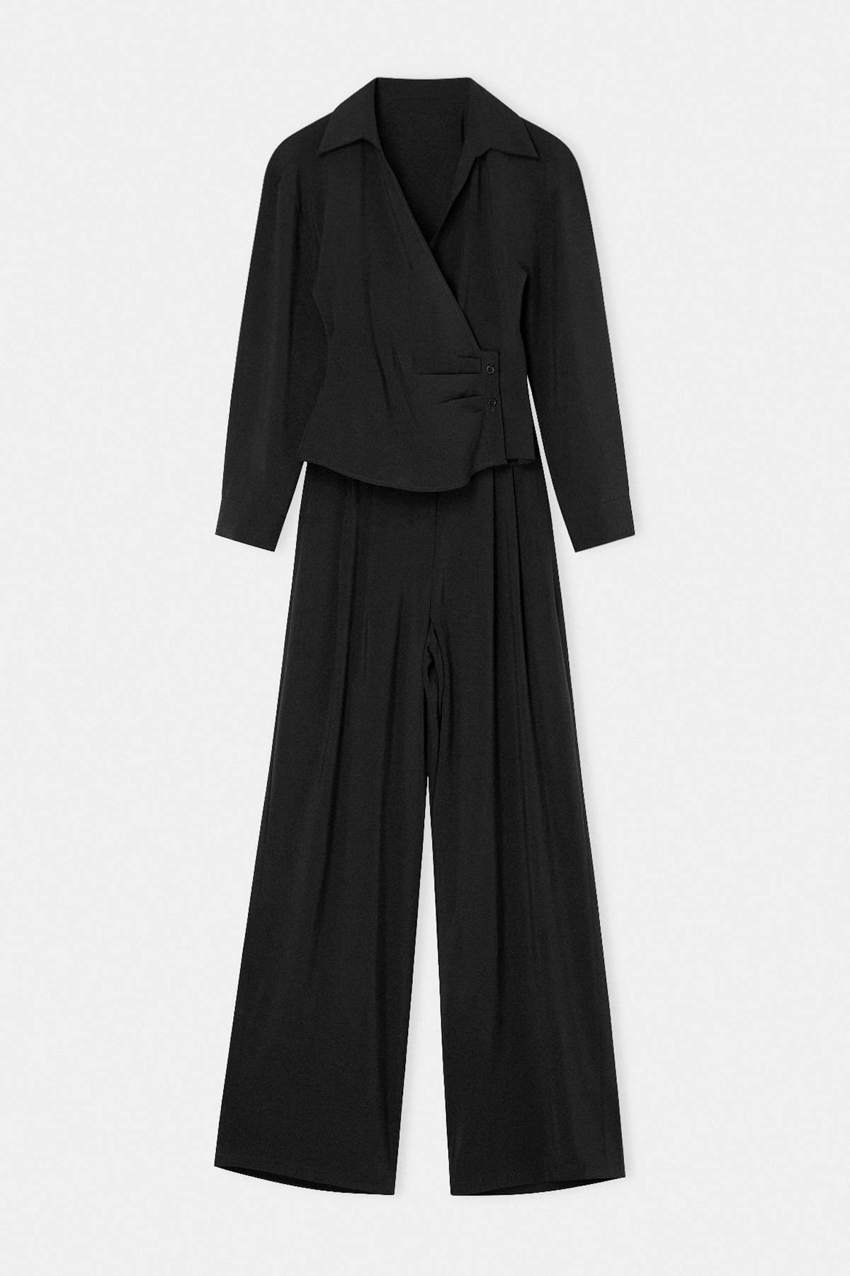Drop by Trendyolmilla Siyah Kruvaze Yaka Gömlek Üst Rahat Kalıp Beli Lastikli Palazzo Pantolon İkili Takım TDRSS26AU00045