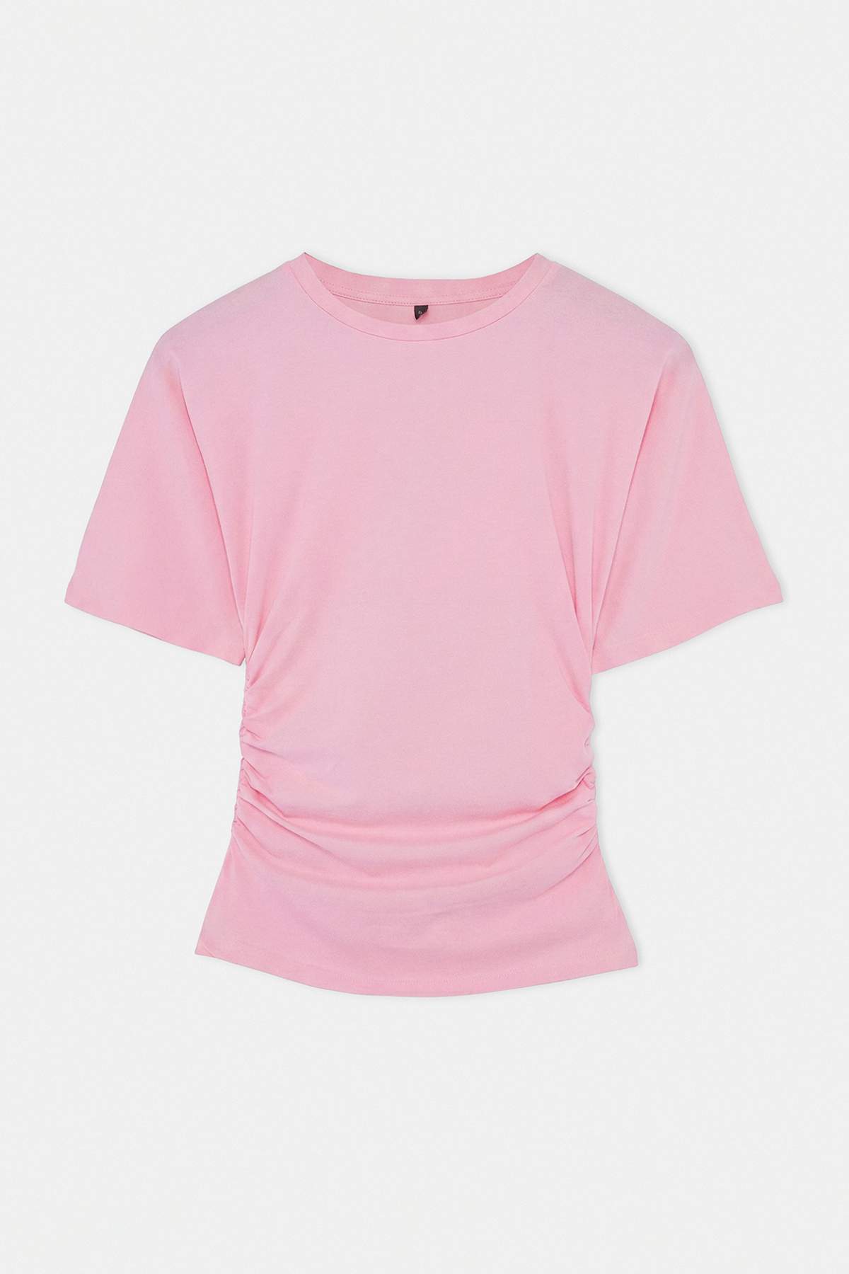 Trendyolmilla Açık Pembe Fitted Bisiklet Yaka Kısa Büzgülü Pamuklu Esnek Örme T-Shirt TWOSS26TS00052