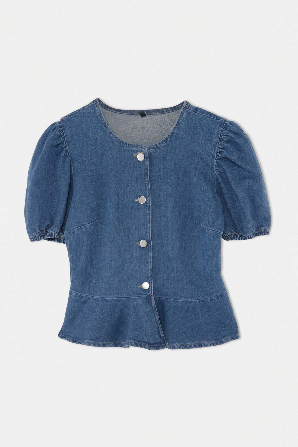 Trendyolmilla Mavi Balon Kollu Düğme Detaylı Peplum Denim Bluz TWOAW27BZ00037