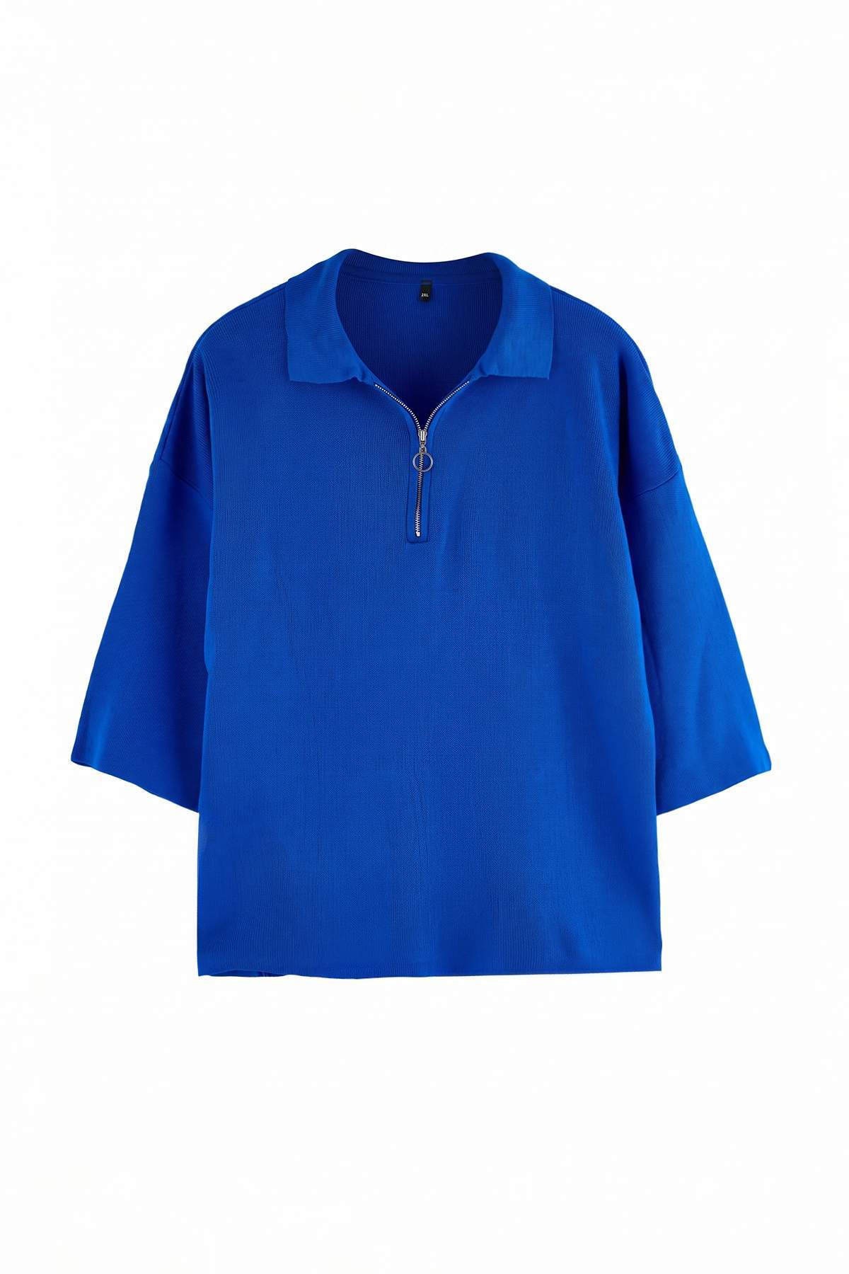 Trendyolmilla Curve Saks Polo Yaka Fermuar Detaylı Triko Kazak TBBAW23AN00056