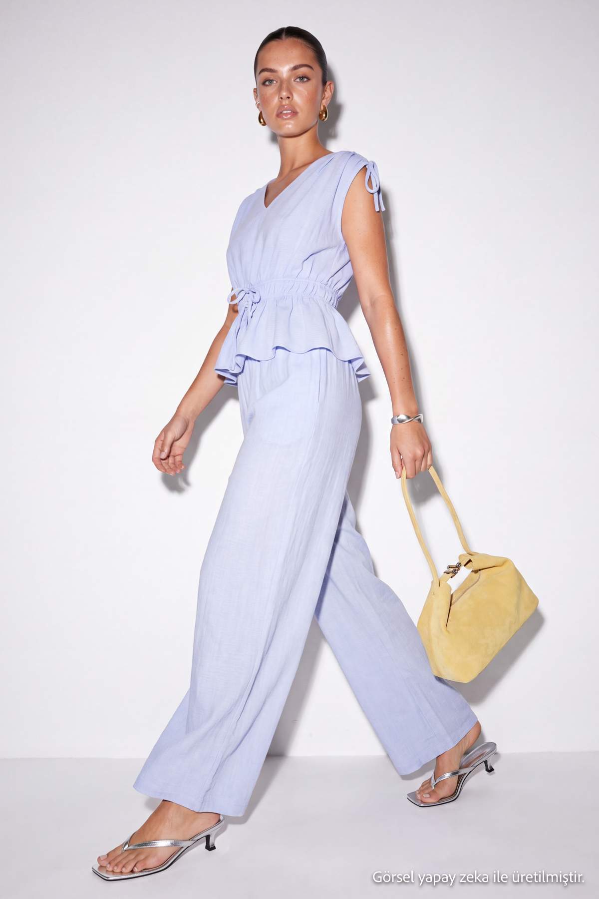 Drop by Trendyolmilla Beli Lastikli Omuzları Büzgülü Bağcıklı Bluz Pantolon Takım
